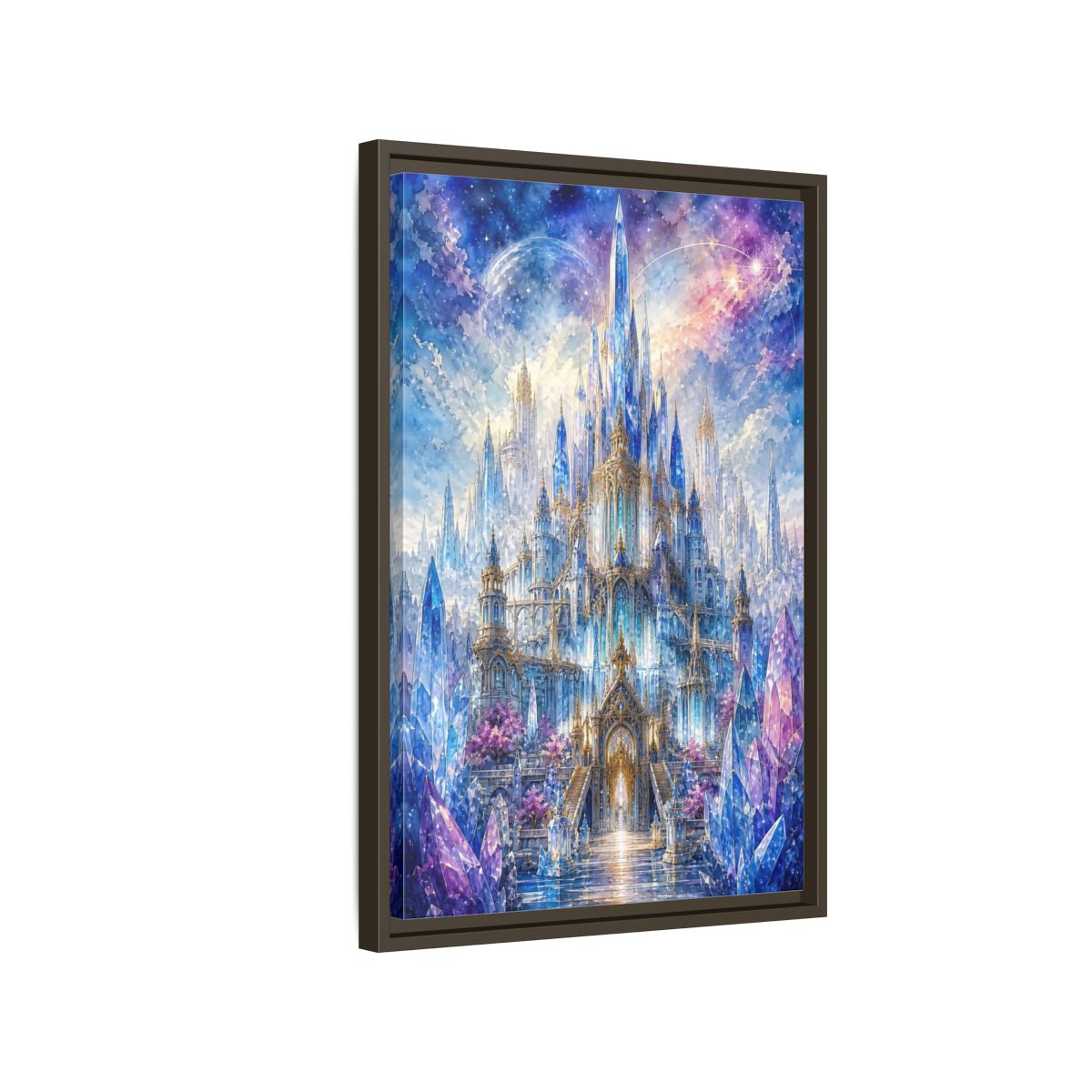 Side Mockup 2. Fairytale Crystal Castle Blue And Purple Castle shown as stretched canvas wall art
