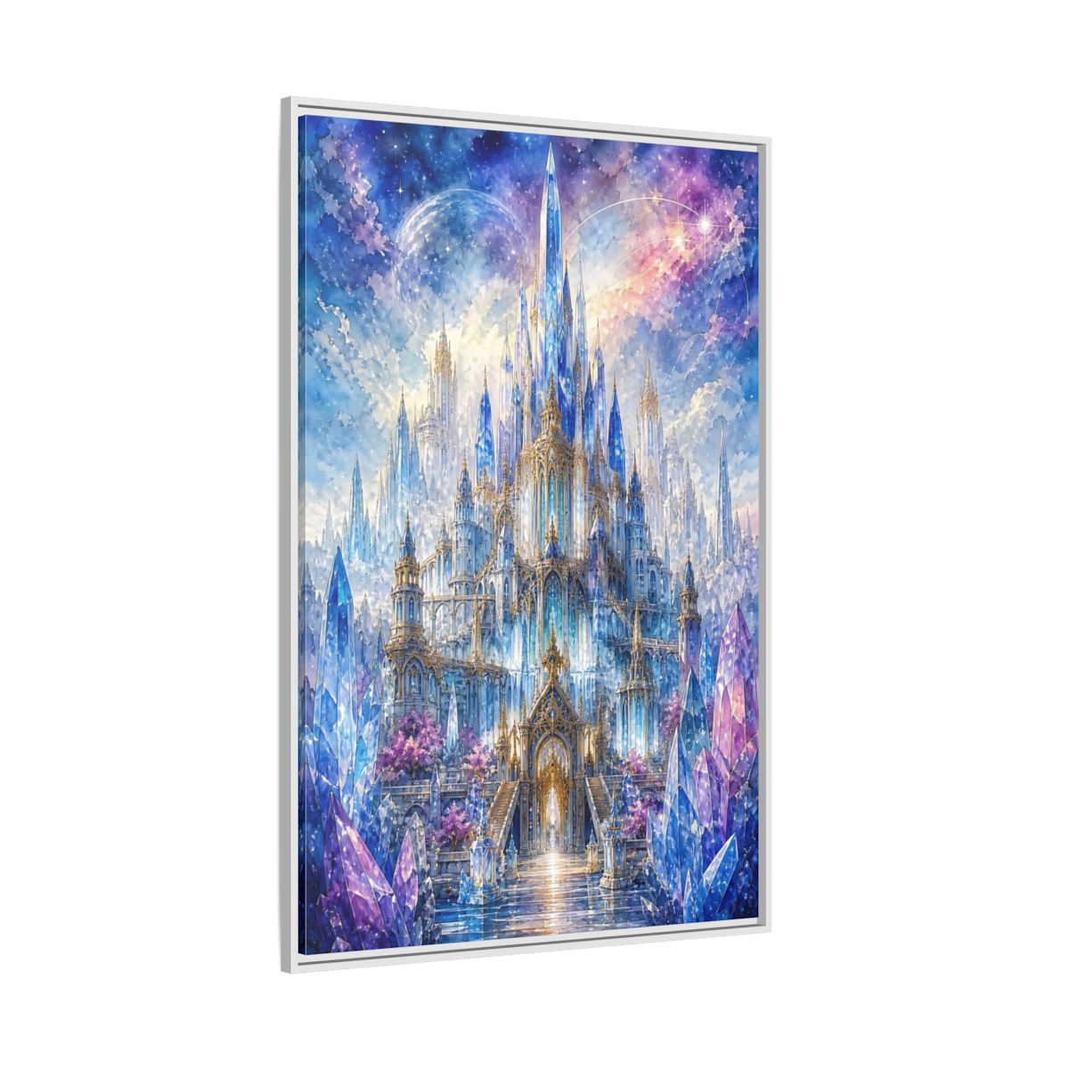 Side Mockup 7. Fairytale Crystal Castle Blue And Purple Castle shown as stretched canvas wall art