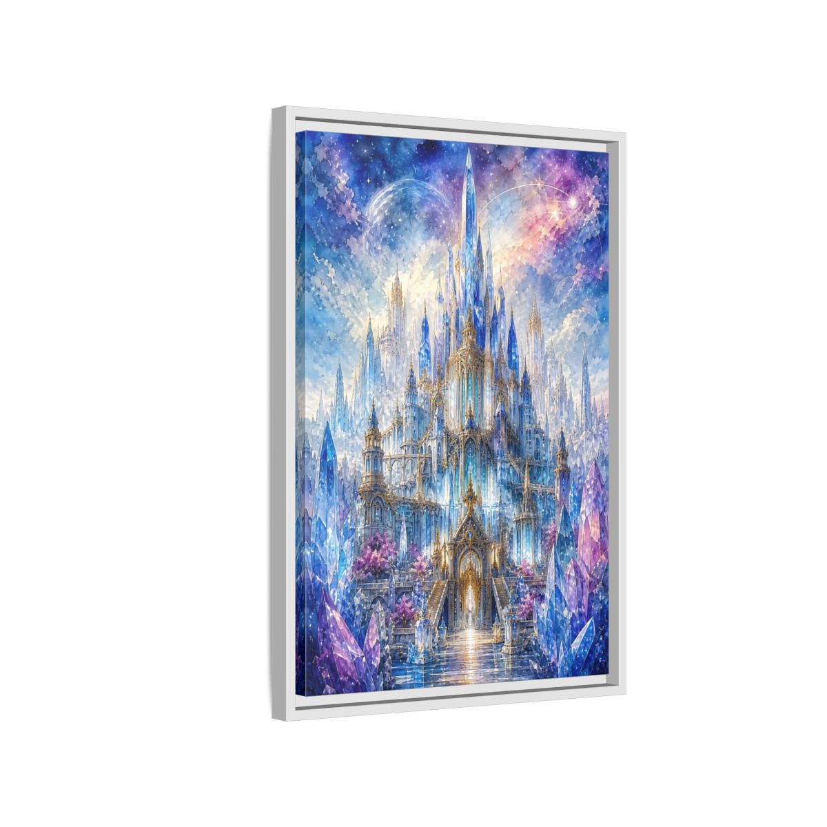 Side Mockup 1. Fairytale Crystal Castle Blue And Purple Castle shown as stretched canvas wall art
