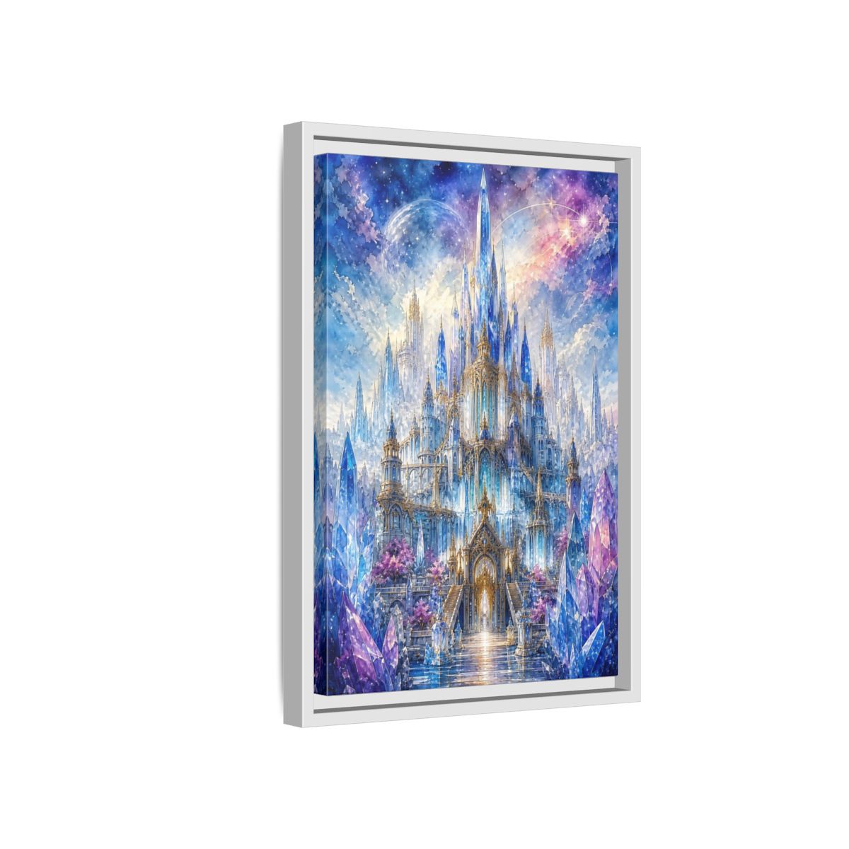 Side Mockup 4. Fairytale Crystal Castle Blue And Purple Castle shown as stretched canvas wall art