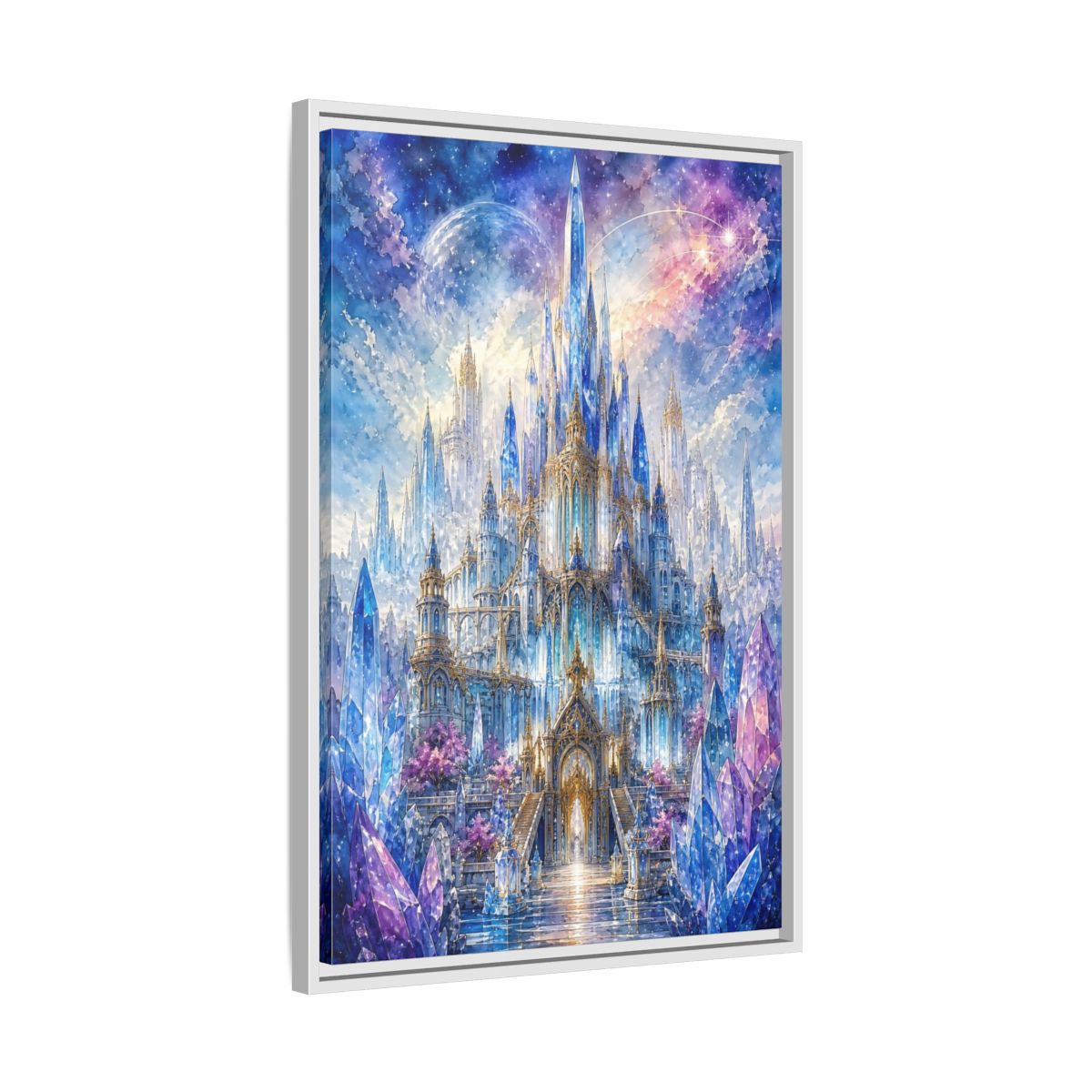 Side Mockup 10. Fairytale Crystal Castle Blue And Purple Castle shown as stretched canvas wall art