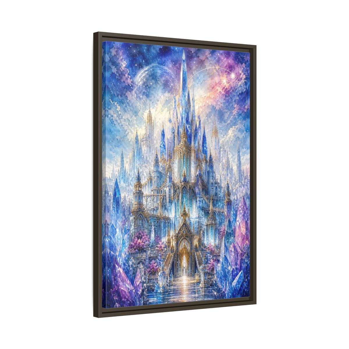 Side Mockup 11. Fairytale Crystal Castle Blue And Purple Castle shown as stretched canvas wall art