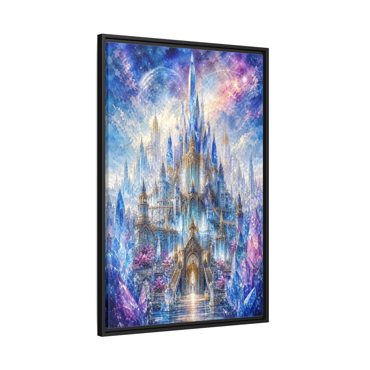 Side Mockup 13. Fairytale Crystal Castle Blue And Purple Castle shown as stretched canvas wall art