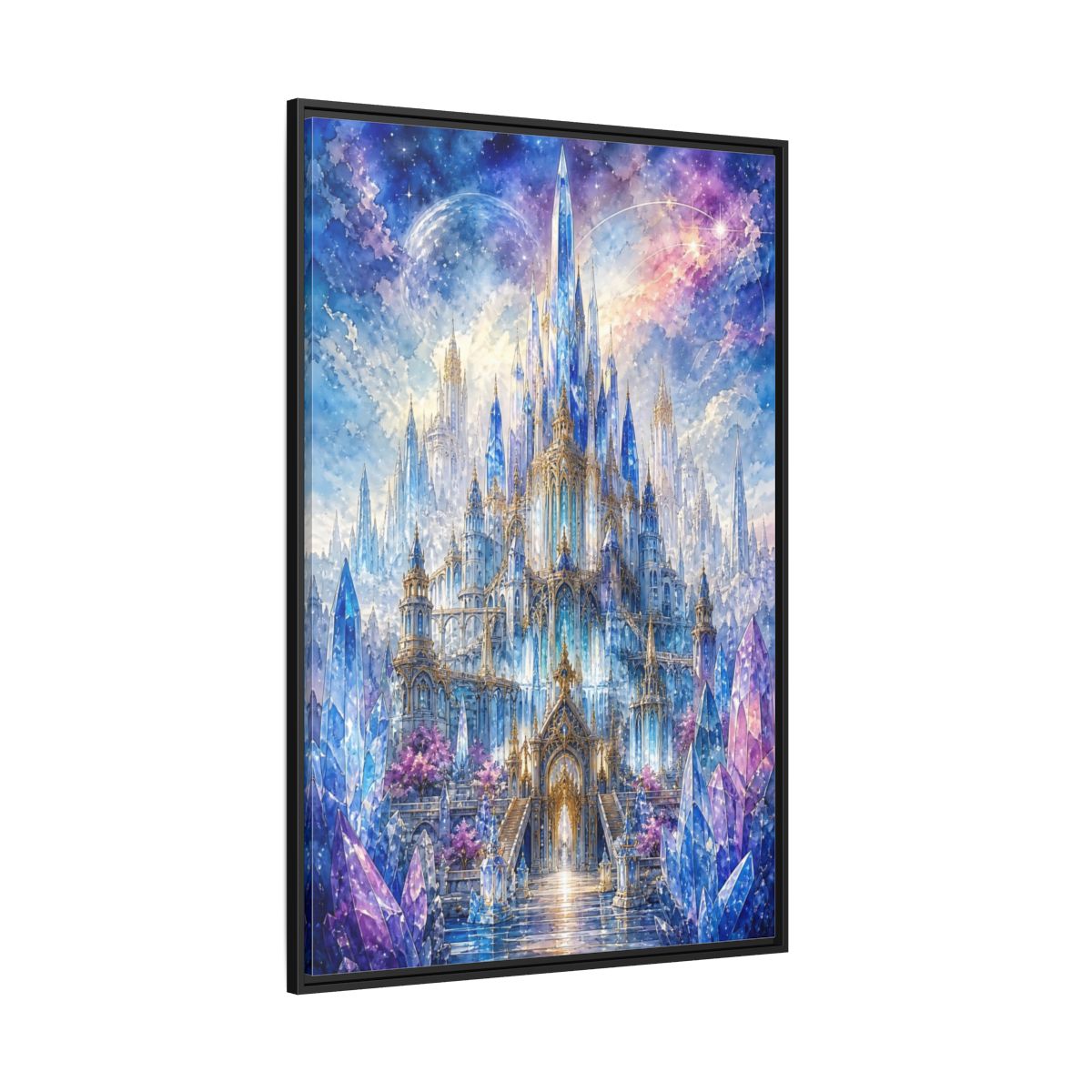 Side Mockup 12. Fairytale Crystal Castle Blue And Purple Castle shown as stretched canvas wall art