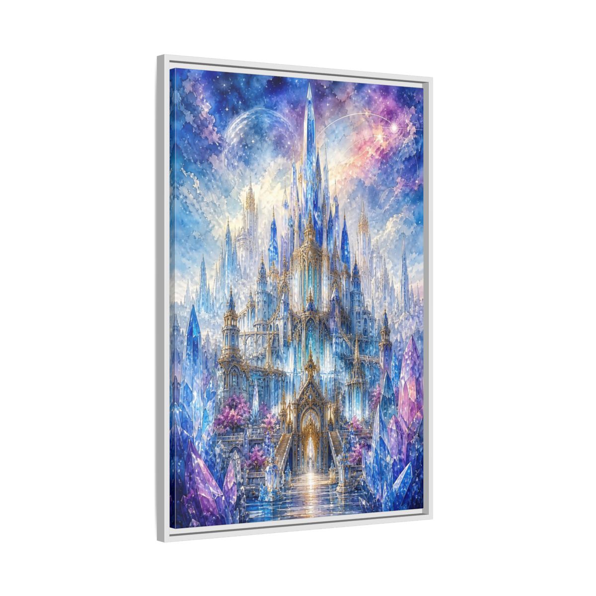Side Mockup 9. Fairytale Crystal Castle Blue And Purple Castle shown as stretched canvas wall art