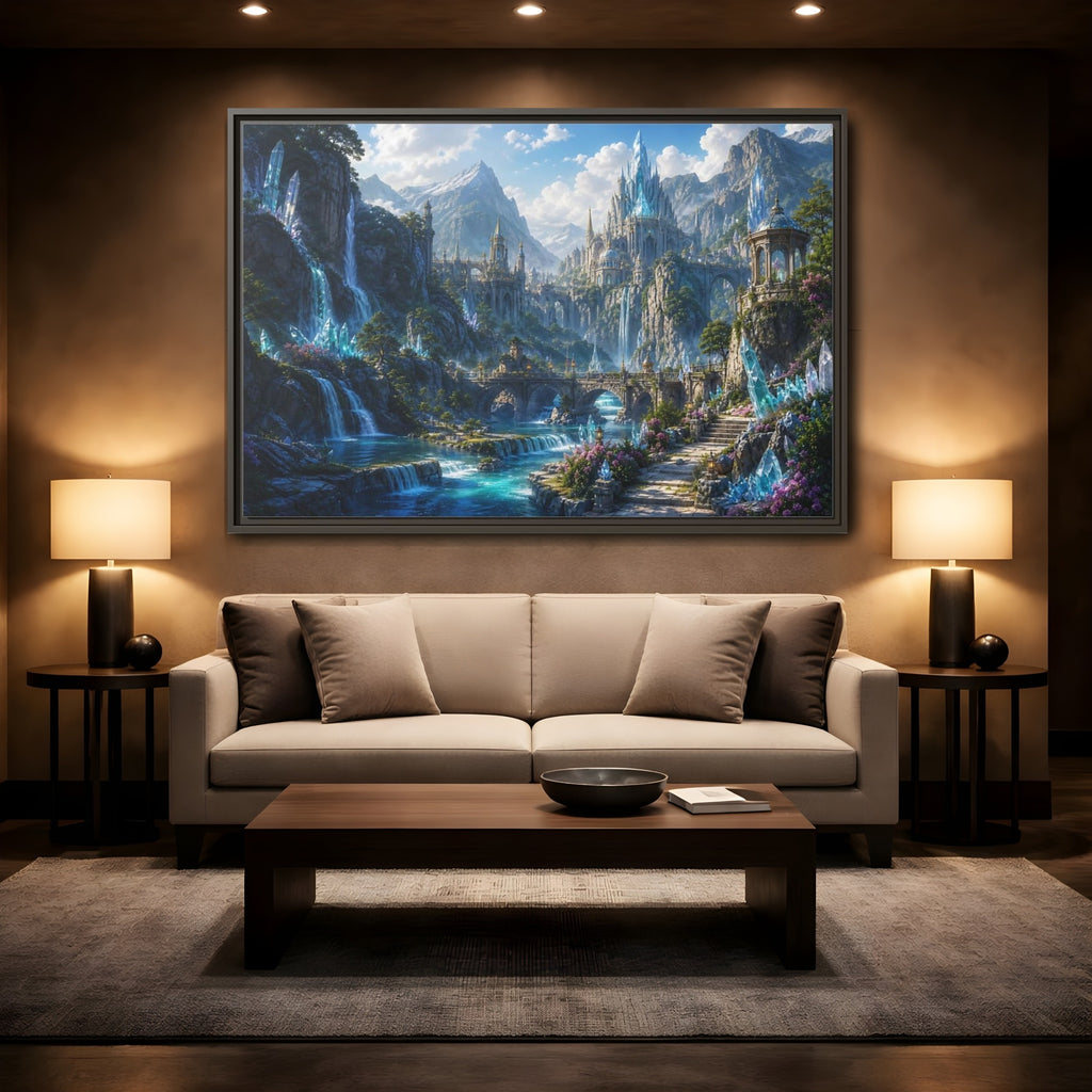 Mockup 2. Fairytale Crystal Castle Blue Crystal Castle shown as stretched canvas wall art