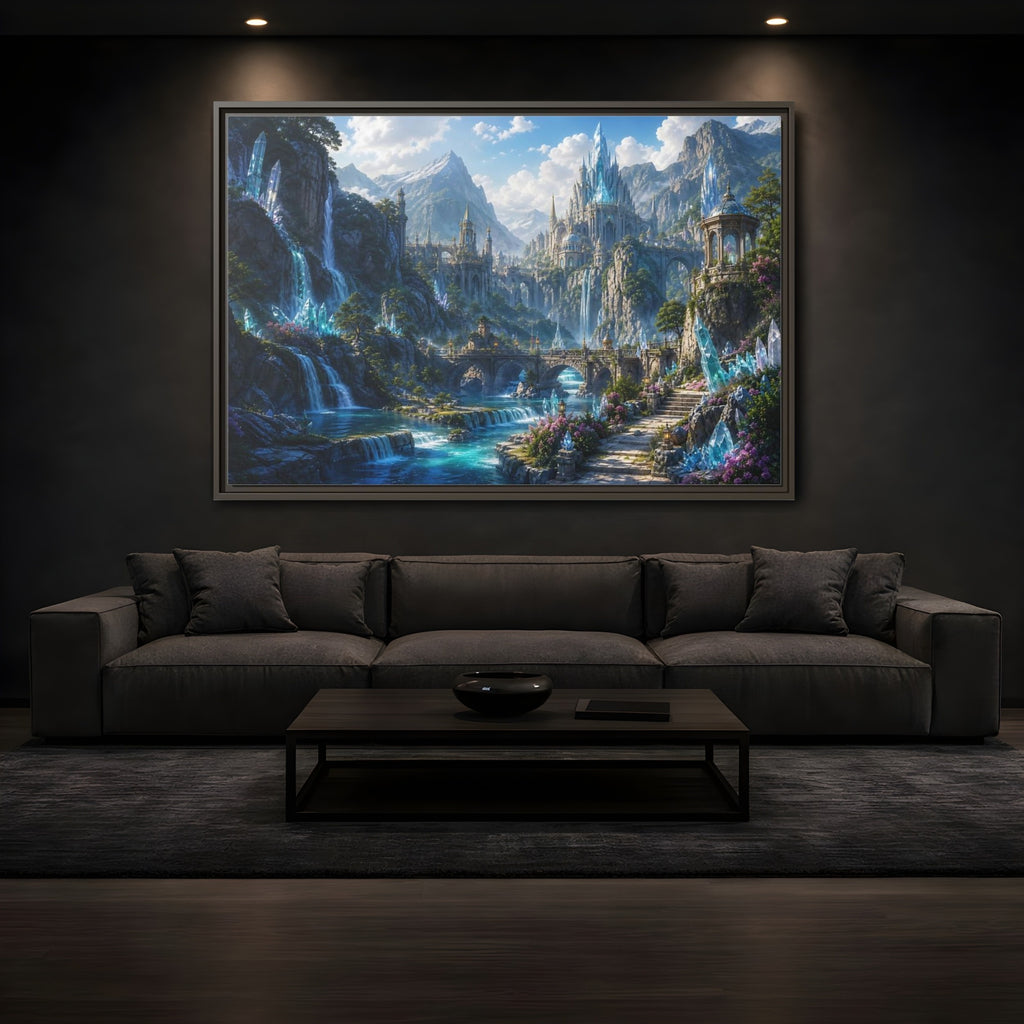 Mockup 3. Fairytale Crystal Castle Blue Crystal Castle shown as stretched canvas wall art