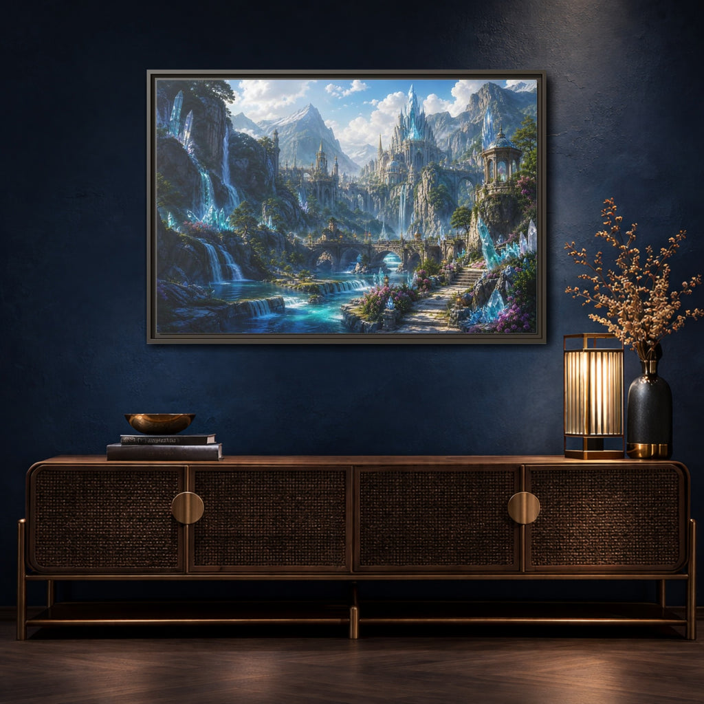 Mockup 4. Fairytale Crystal Castle Blue Crystal Castle shown as stretched canvas wall art