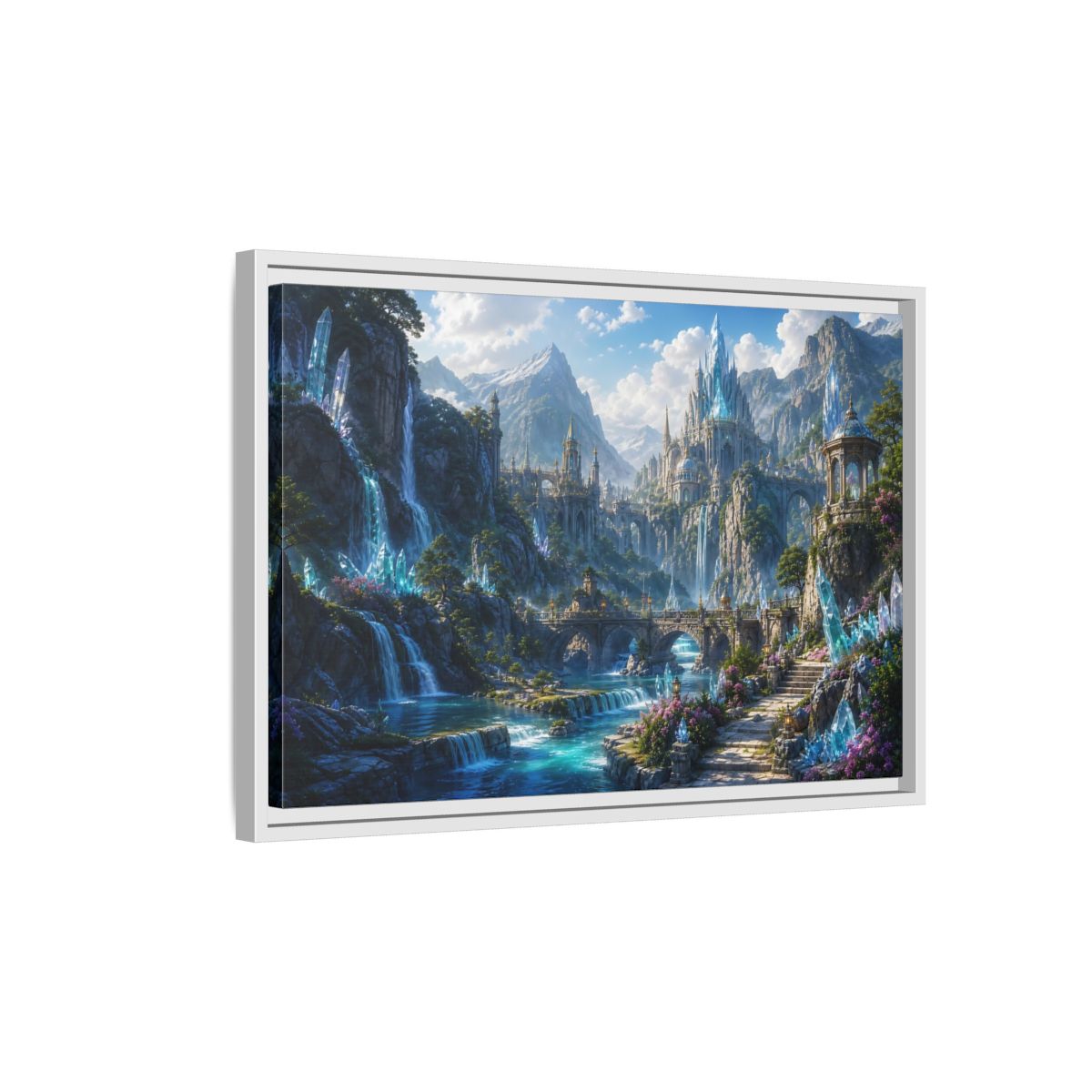 Side Mockup 1. Fairytale Crystal Castle Blue Crystal Castle shown as stretched canvas wall art