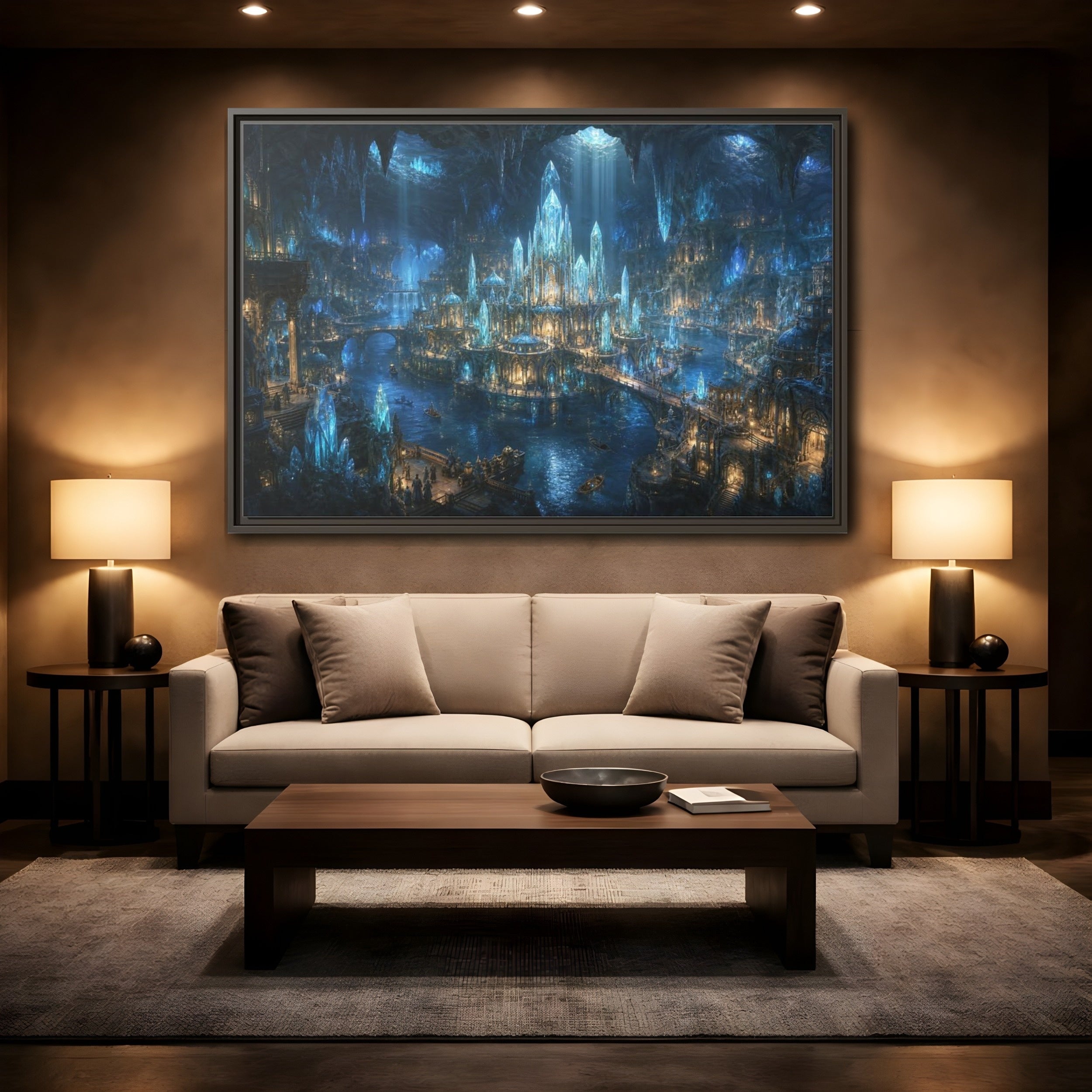 Mockup 2. Fairytale Crystal City Blue Crystal City shown as stretched canvas wall art