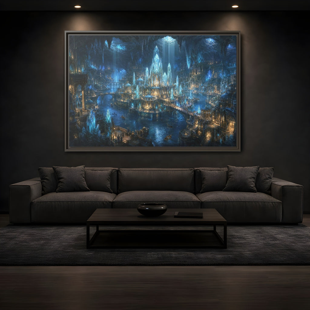 Mockup 3. Fairytale Crystal City Blue Crystal City shown as stretched canvas wall art