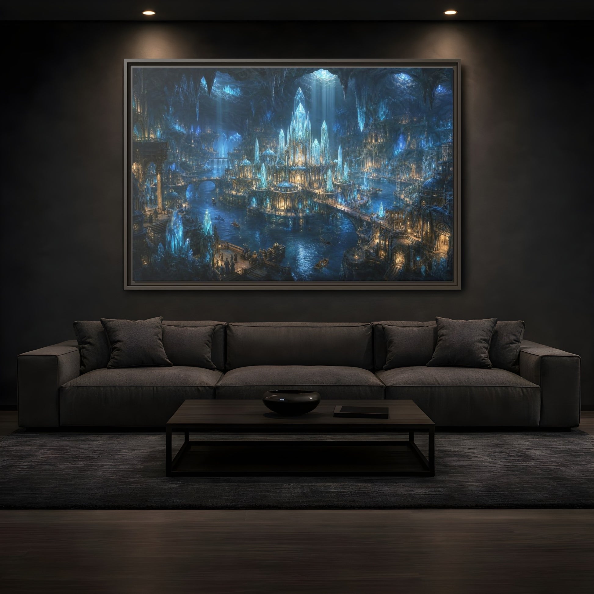 Mockup 3. Fairytale Crystal City Blue Crystal City shown as stretched canvas wall art