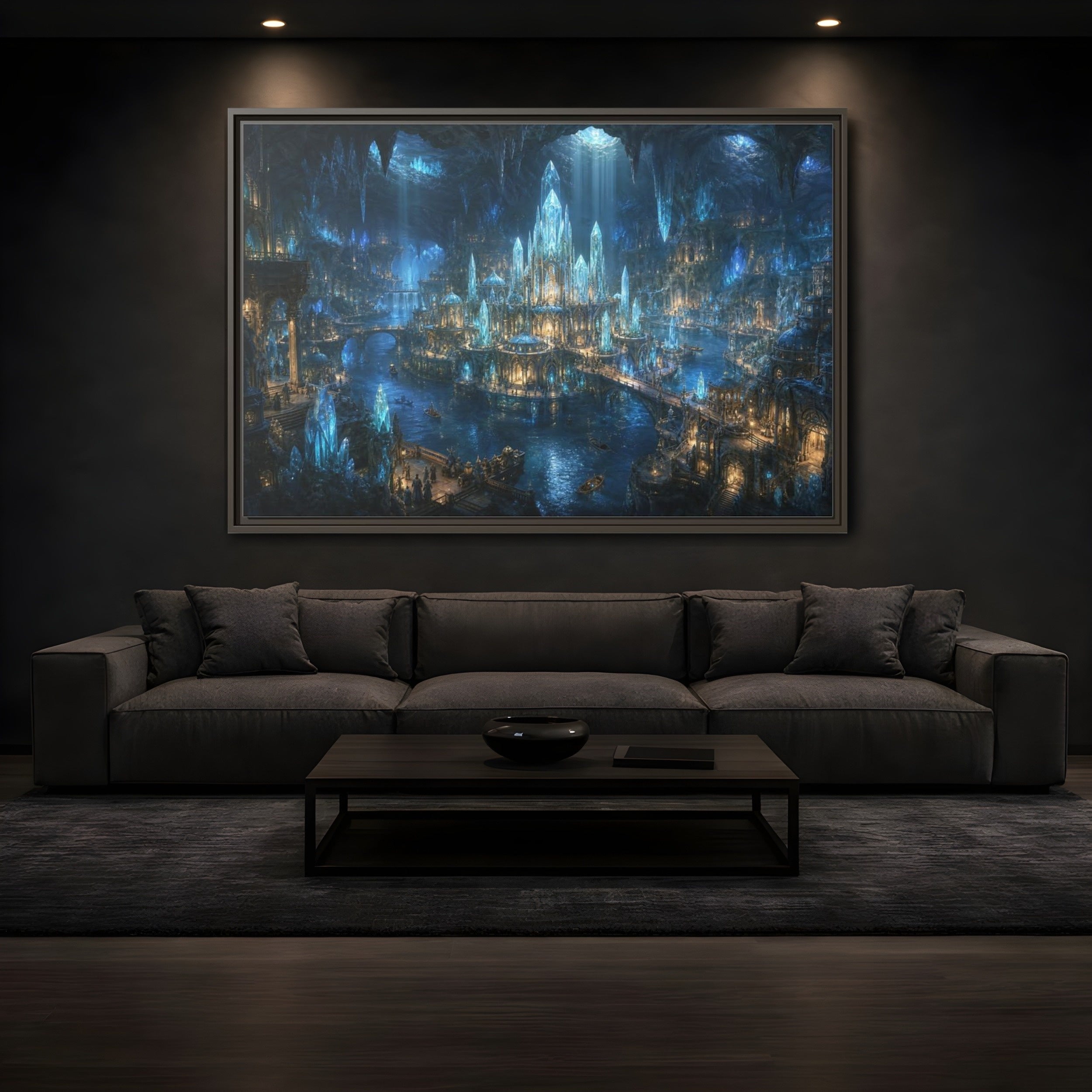 Mockup 3. Fairytale Crystal City Blue Crystal City shown as stretched canvas wall art