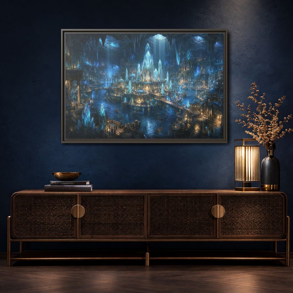 Mockup 4. Fairytale Crystal City Blue Crystal City shown as stretched canvas wall art