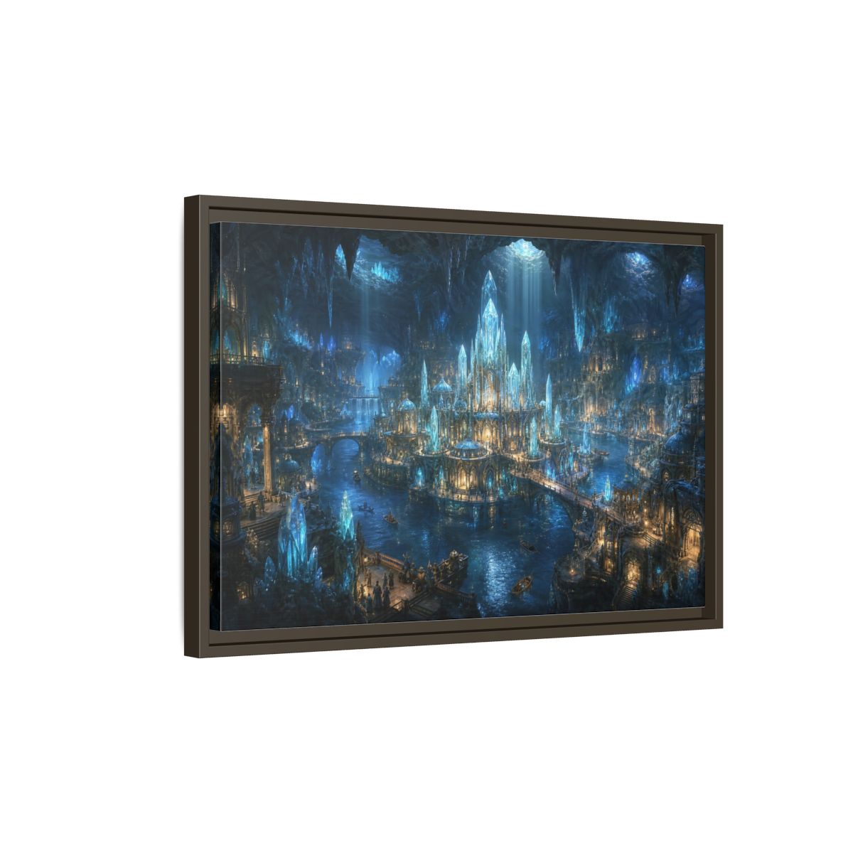 Side Mockup 2. Fairytale Crystal City Blue Crystal City shown as stretched canvas wall art