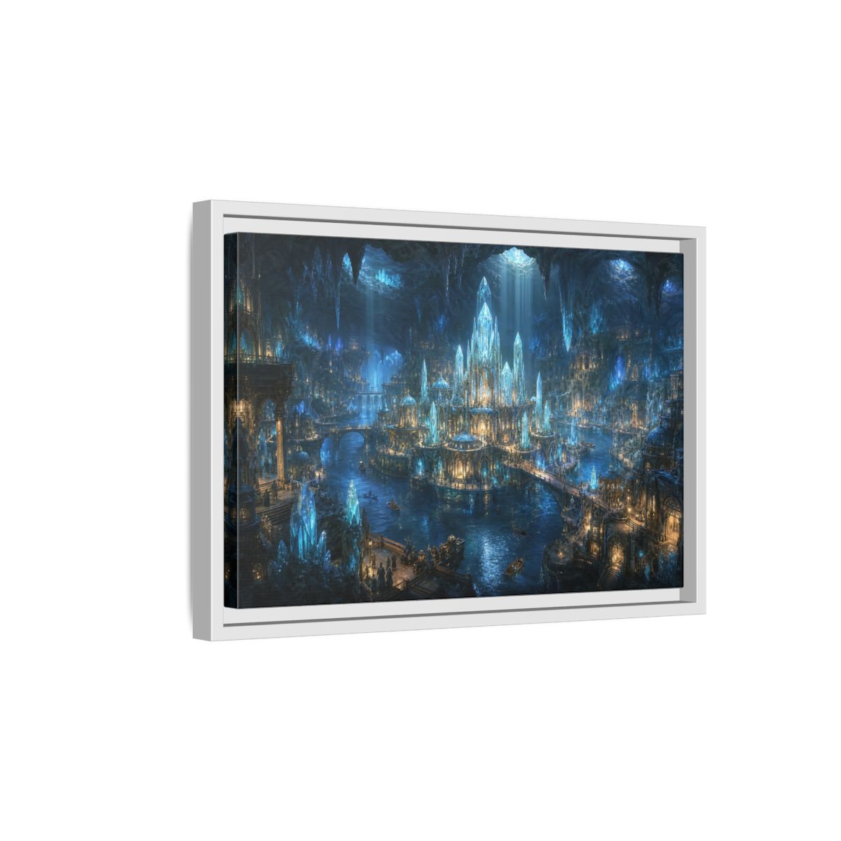 Side Mockup 4. Fairytale Crystal City Blue Crystal City shown as stretched canvas wall art