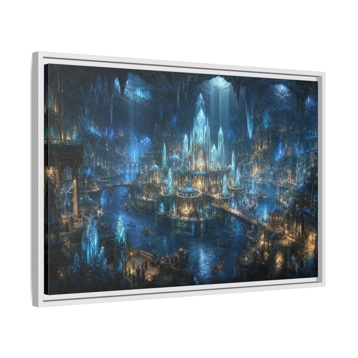 Side Mockup 10. Fairytale Crystal City Blue Crystal City shown as stretched canvas wall art
