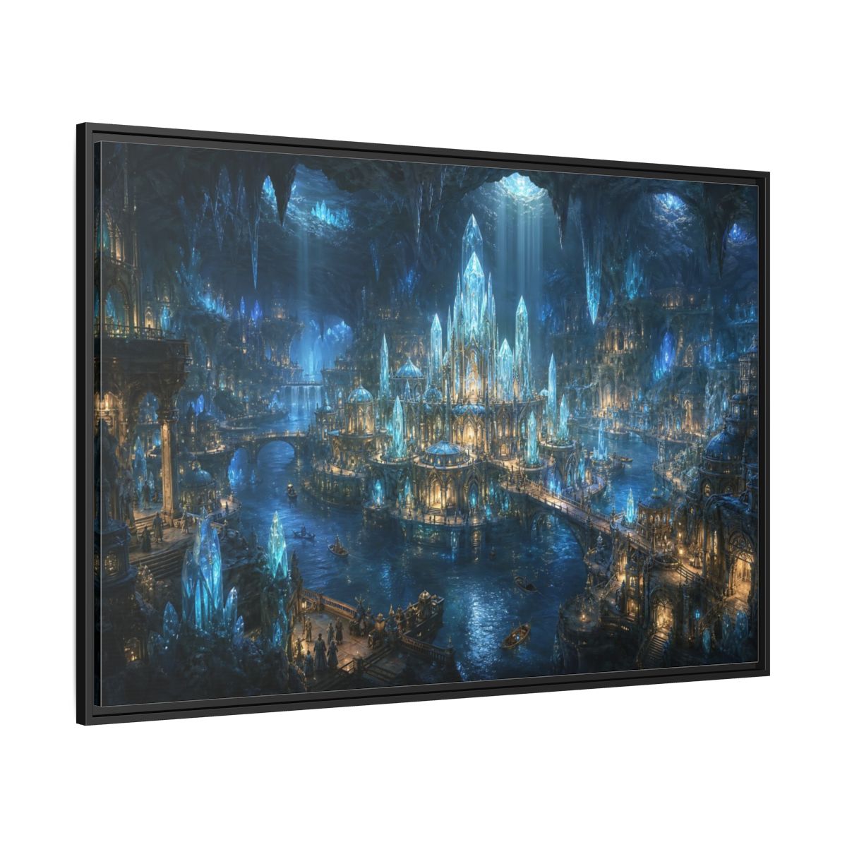 Side Mockup 12. Fairytale Crystal City Blue Crystal City shown as stretched canvas wall art