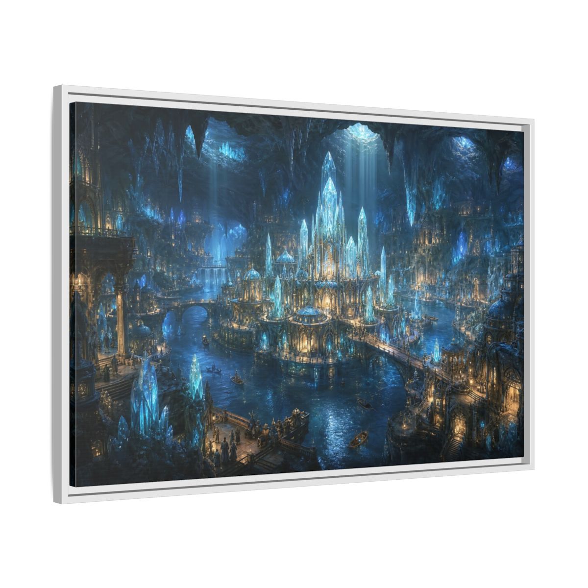 Side Mockup 9. Fairytale Crystal City Blue Crystal City shown as stretched canvas wall art