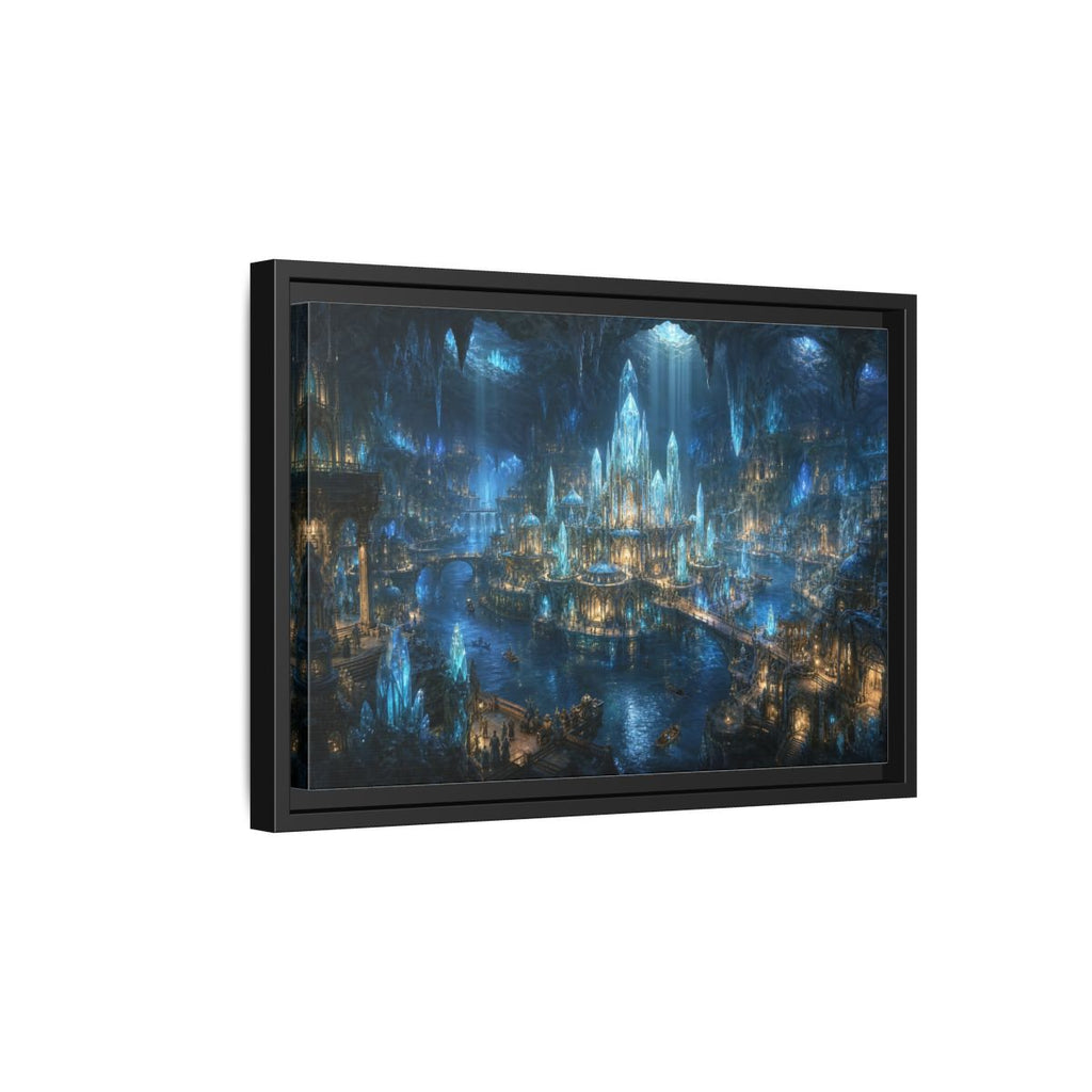 Side Mockup 6. Fairytale Crystal City Blue Crystal City shown as stretched canvas wall art