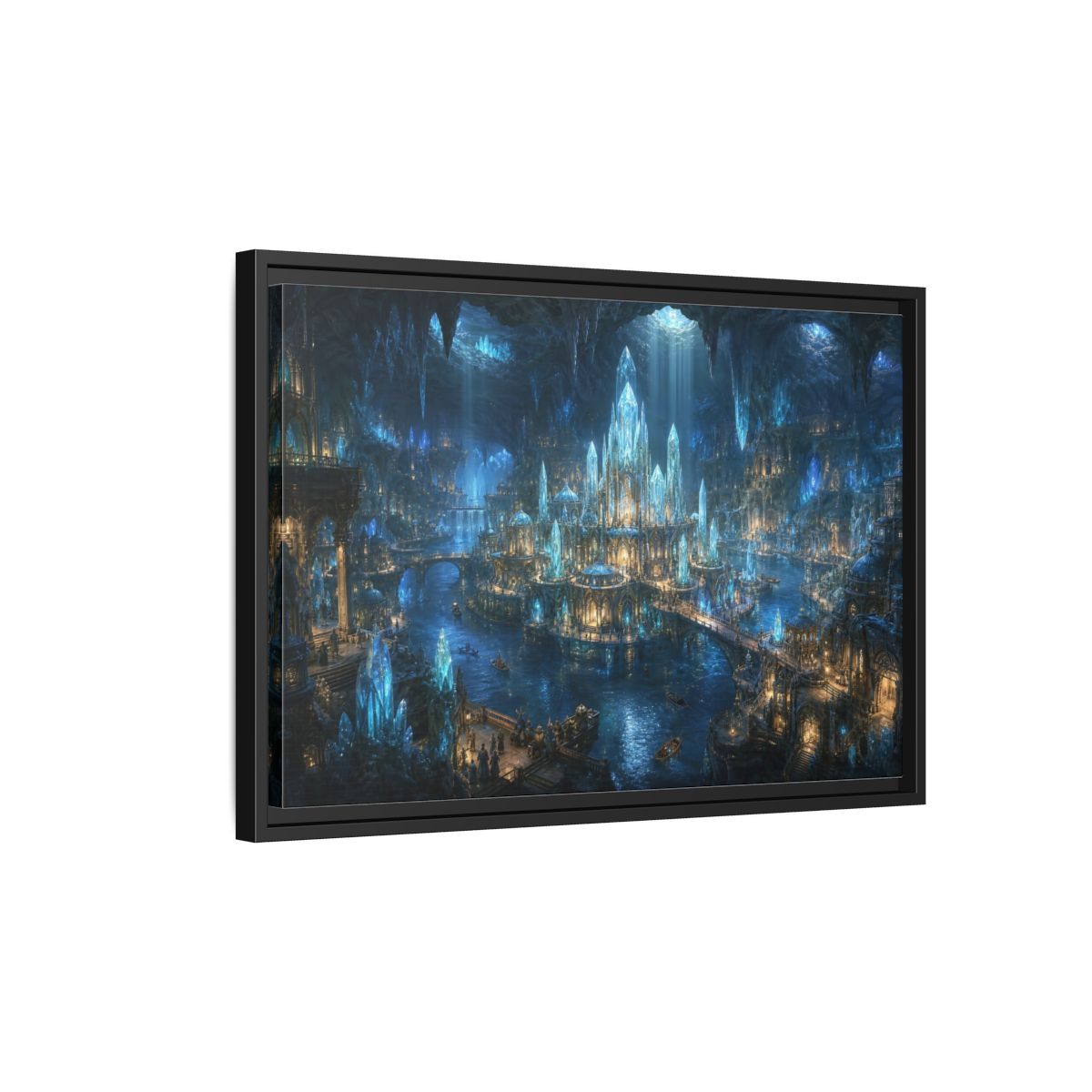 Side Mockup 3. Fairytale Crystal City Blue Crystal City shown as stretched canvas wall art