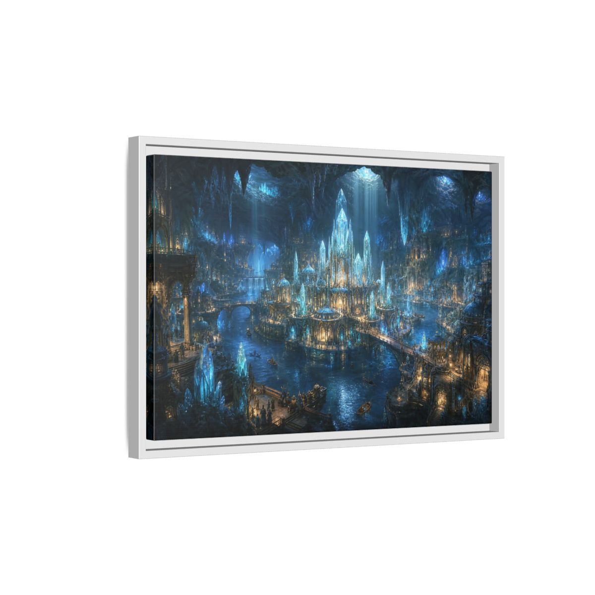 Side Mockup 1. Fairytale Crystal City Blue Crystal City shown as stretched canvas wall art