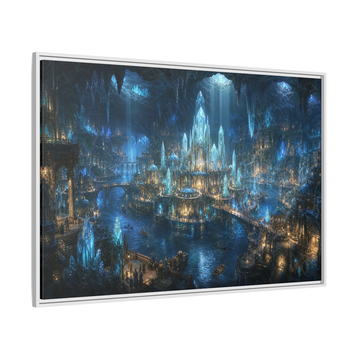 Side Mockup 7. Fairytale Crystal City Blue Crystal City shown as stretched canvas wall art