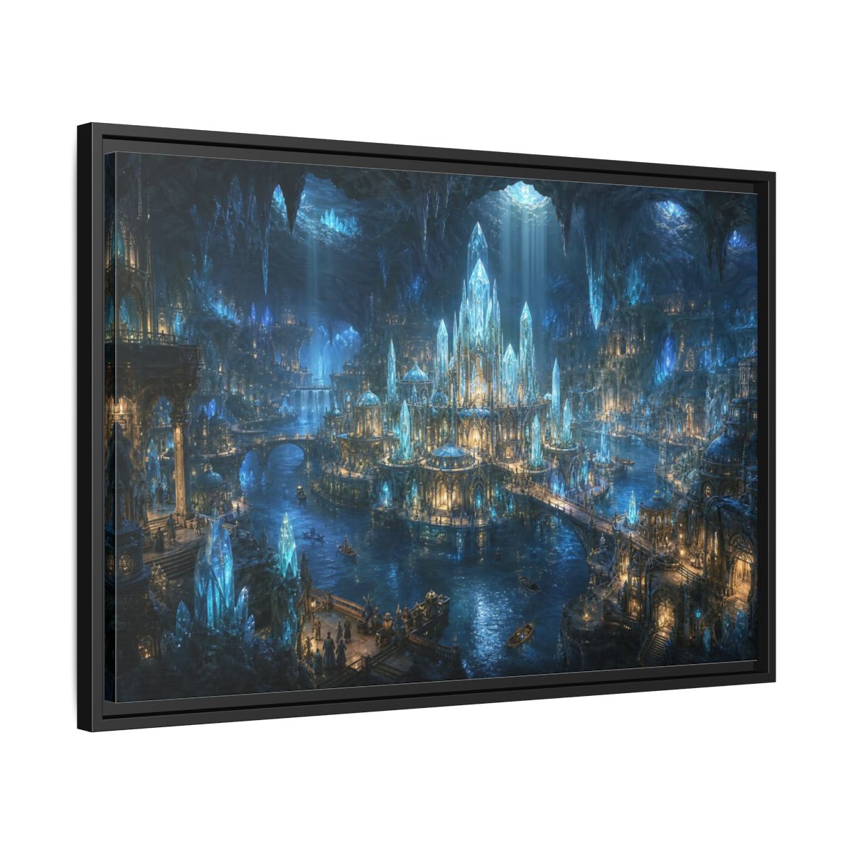 Side Mockup 14. Fairytale Crystal City Blue Crystal City shown as stretched canvas wall art