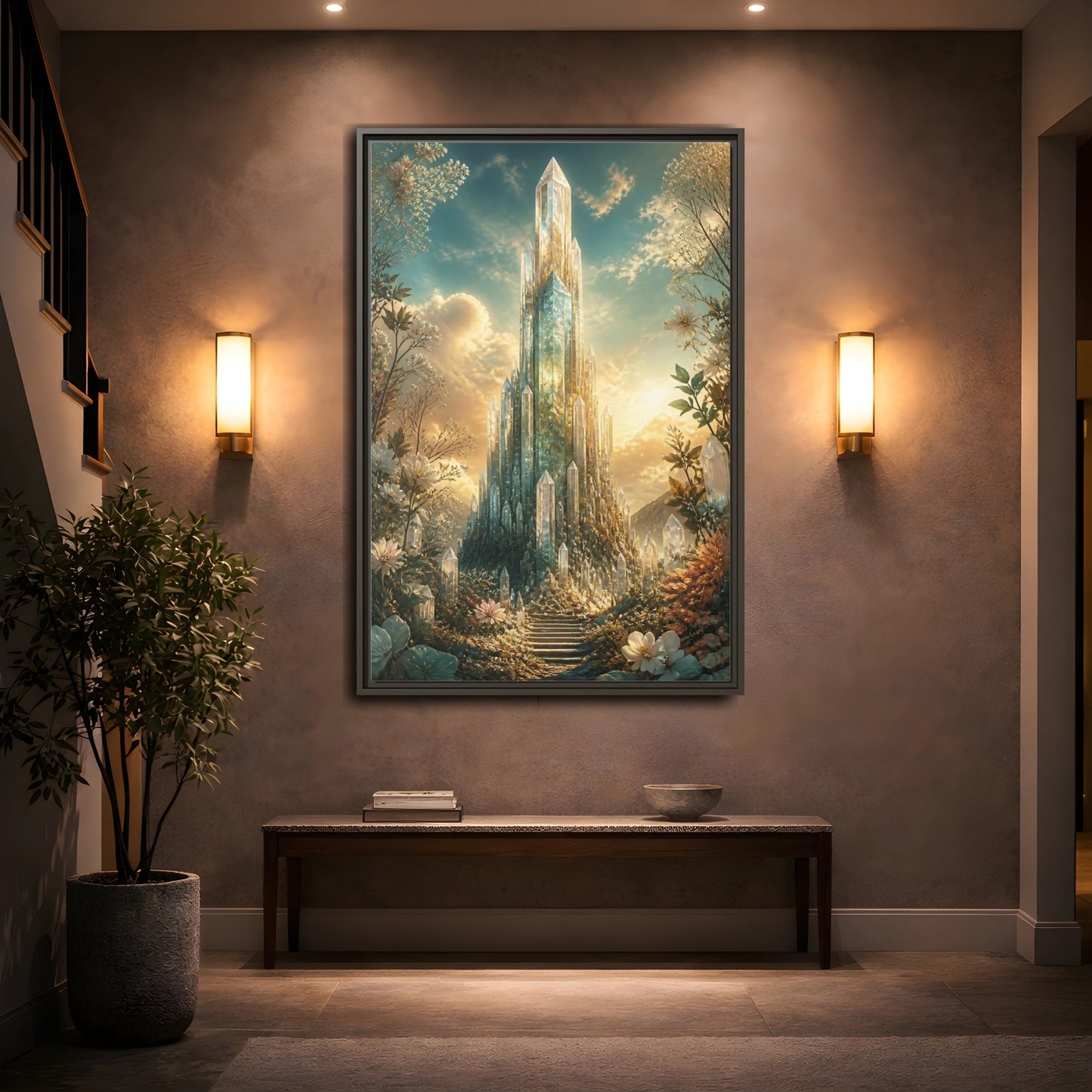 Fairytale Crystal Palace Golden Framed Canvas Wall Art - Fantasy Living Room, Above Fireplace shown as canvas wall art
