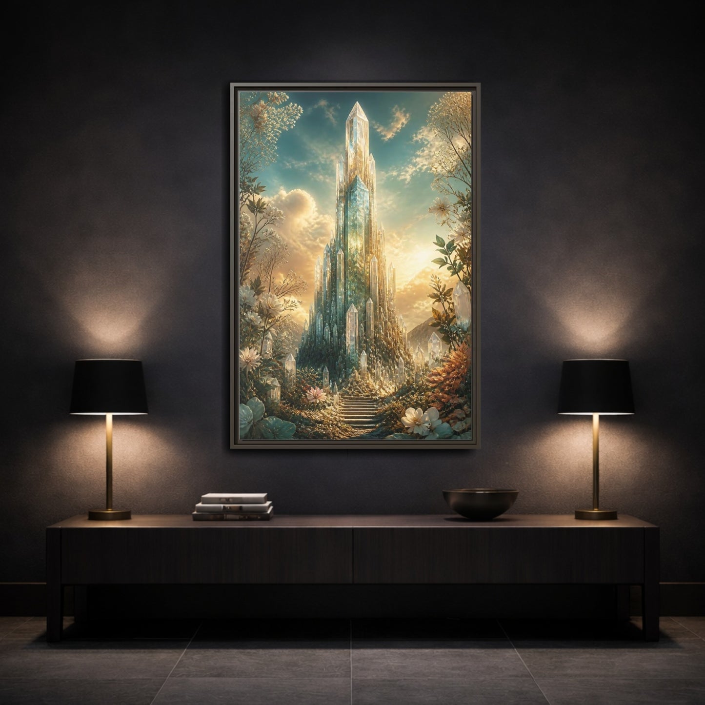 Fairytale Crystal Palace Golden Framed Canvas Wall Art - Fantasy Living Room, Above Fireplace shown as canvas wall art