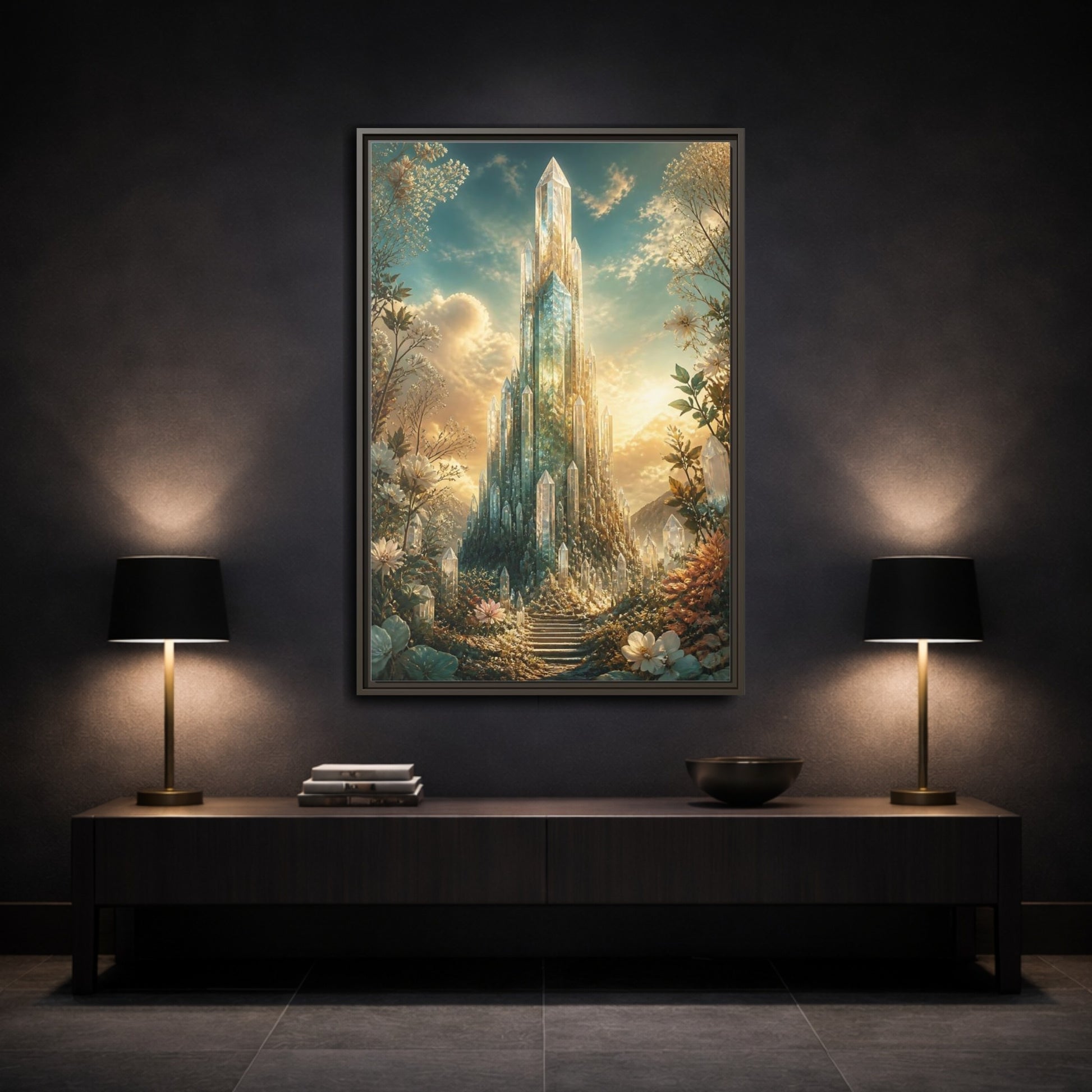 Fairytale Crystal Palace Golden Framed Canvas Wall Art - Fantasy Living Room, Above Fireplace shown as canvas wall art