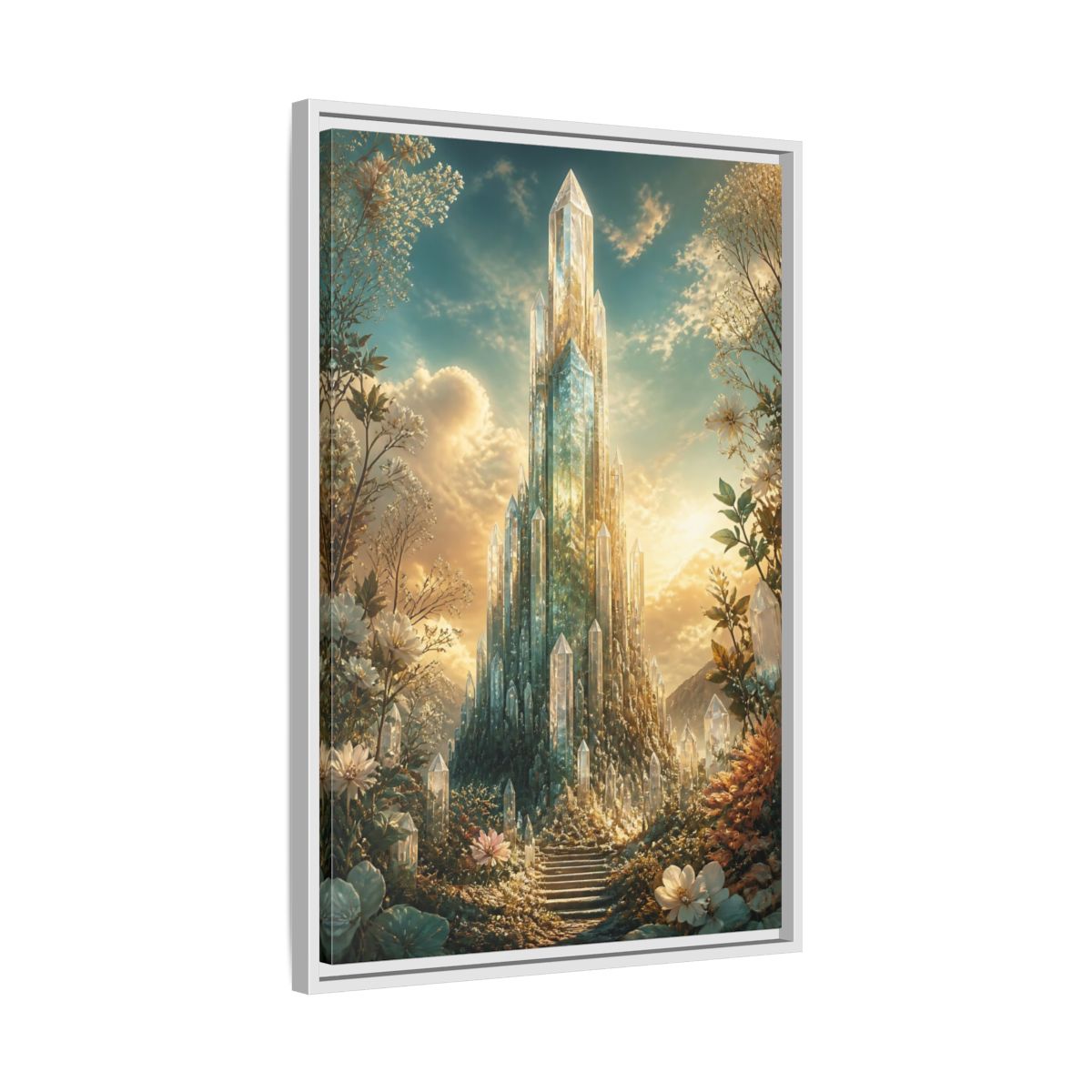 Fairytale Crystal Palace Golden Framed Canvas Wall Art - Fantasy Living Room, Above Fireplace shown as canvas wall art