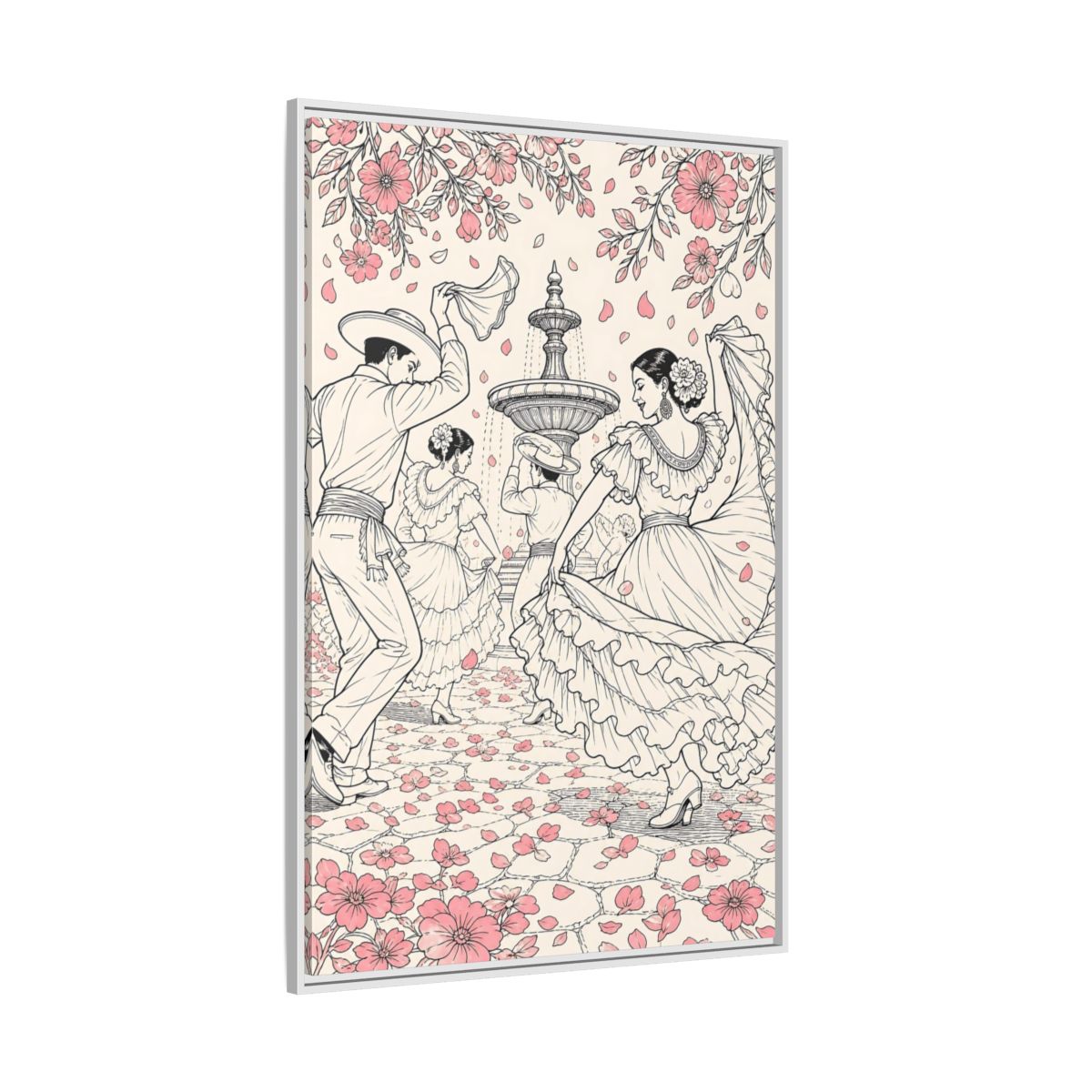 Side Mockup 7. Fairytale Dancers Pink Folk Dance shown as framed canvas print