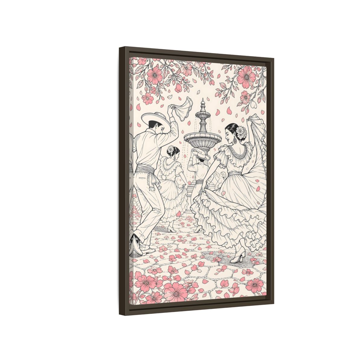Side Mockup 2. Fairytale Dancers Pink Folk Dance shown as framed canvas print