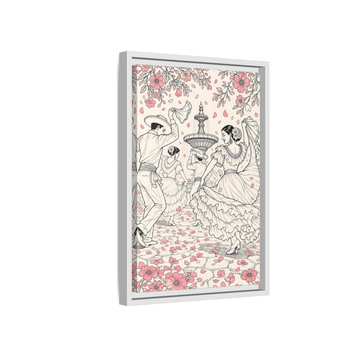 Side Mockup 4. Fairytale Dancers Pink Folk Dance shown as framed canvas print