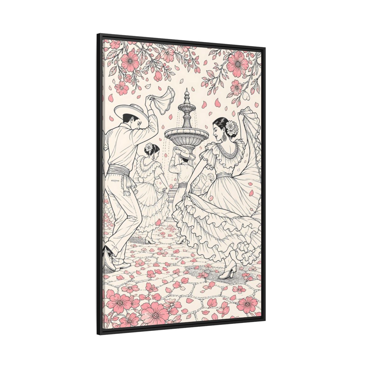 Side Mockup 12. Fairytale Dancers Pink Folk Dance shown as framed canvas print