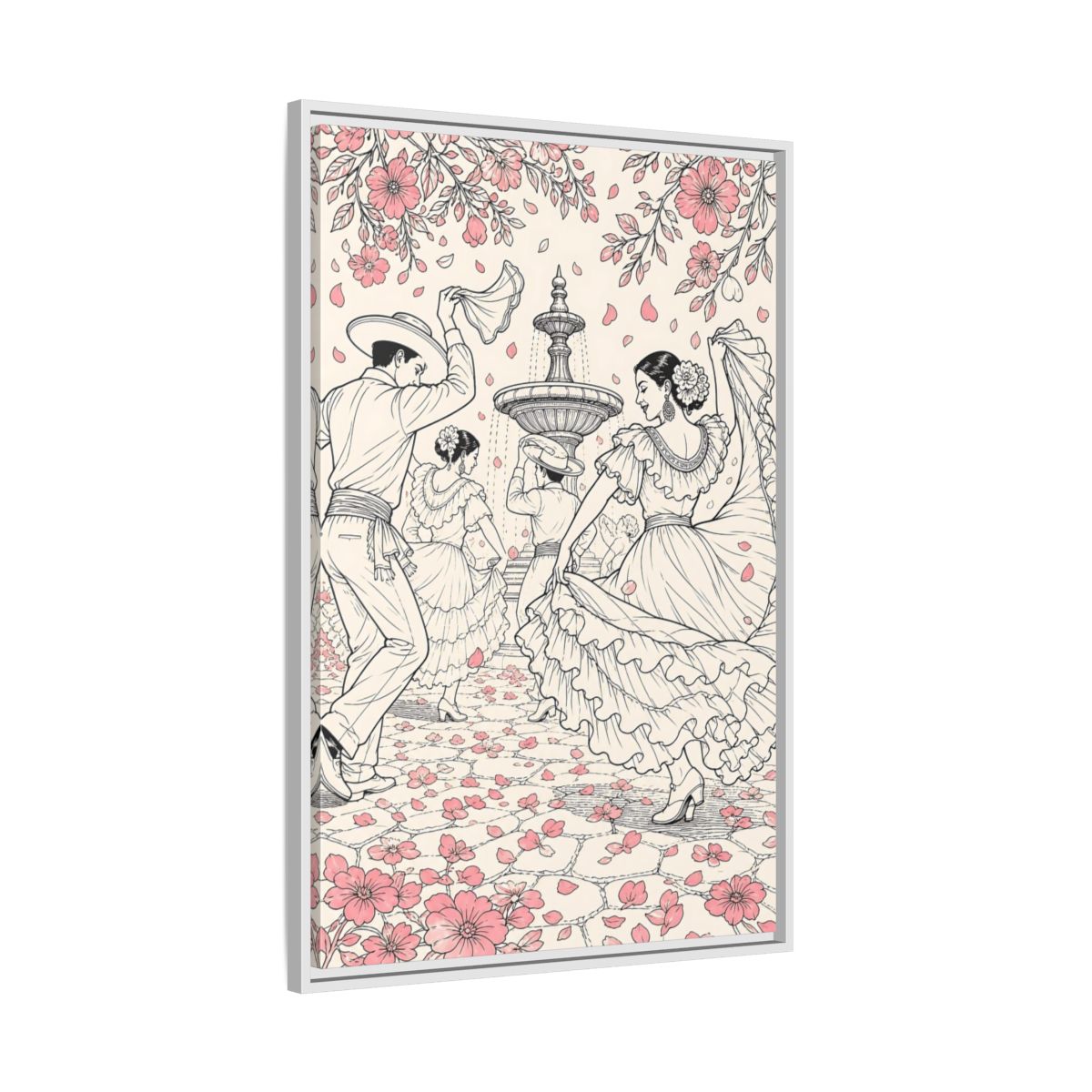 Side Mockup 9. Fairytale Dancers Pink Folk Dance shown as framed canvas print
