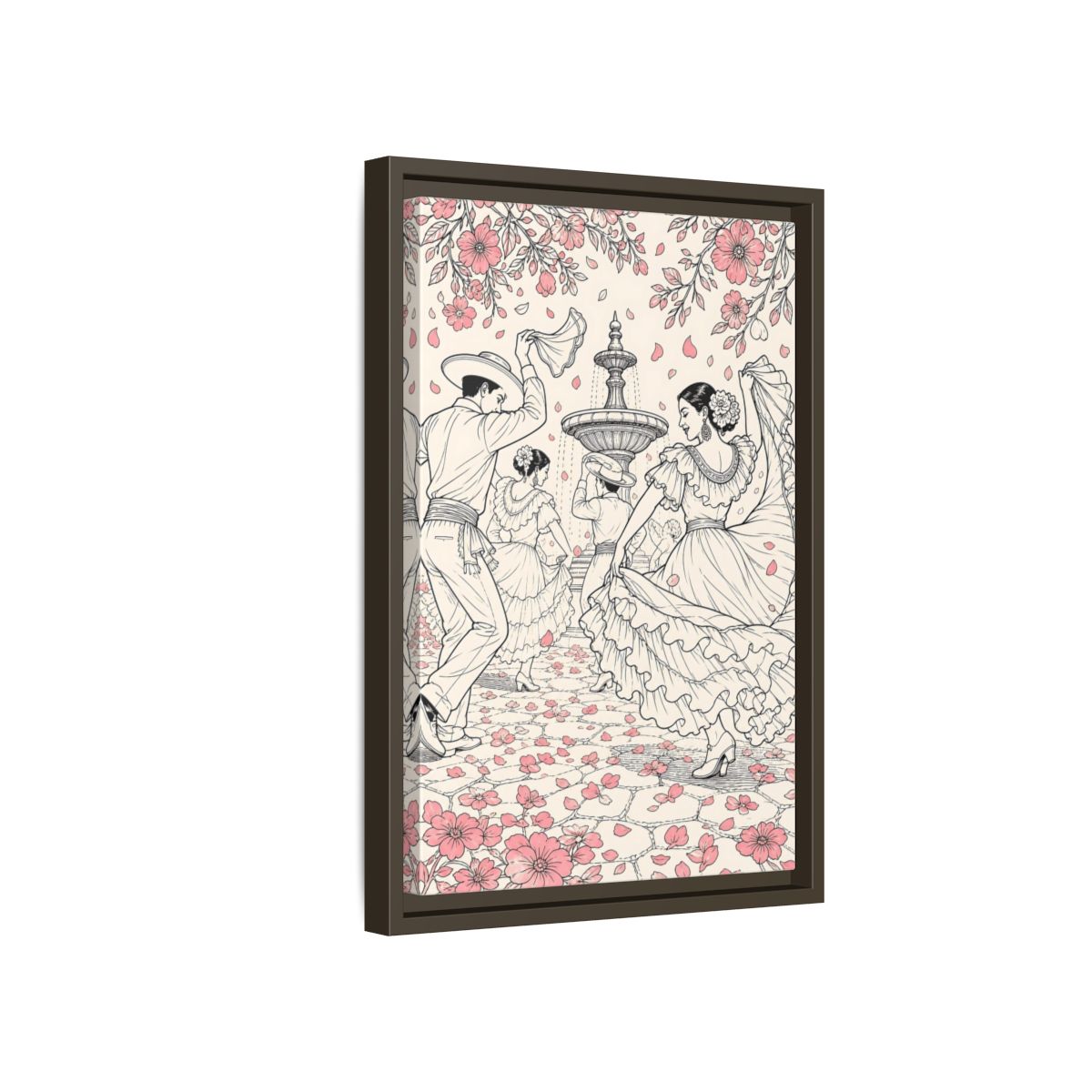 Side Mockup 5. Fairytale Dancers Pink Folk Dance shown as framed canvas print