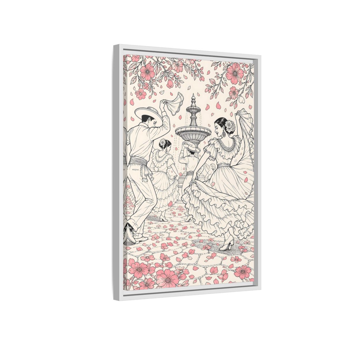 Side Mockup 1. Fairytale Dancers Pink Folk Dance shown as framed canvas print