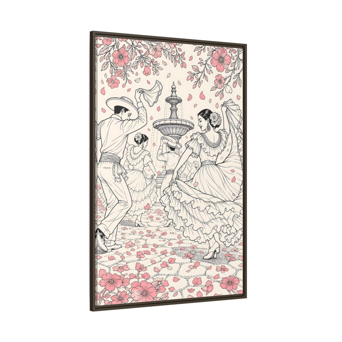 Side Mockup 8. Fairytale Dancers Pink Folk Dance shown as framed canvas print