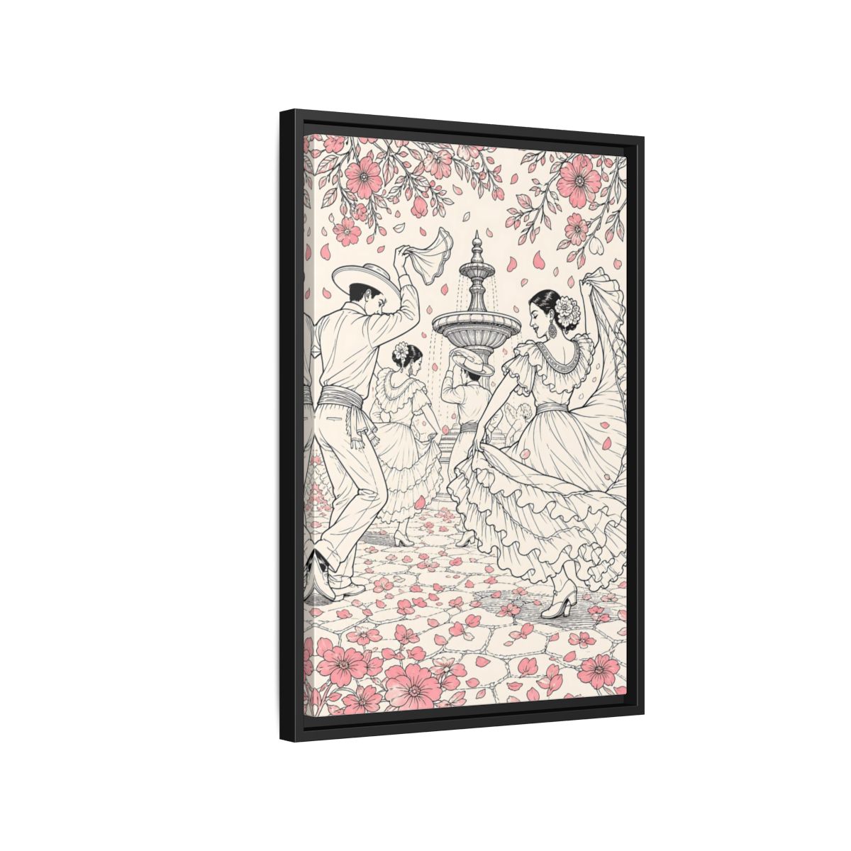 Side Mockup 3. Fairytale Dancers Pink Folk Dance shown as framed canvas print