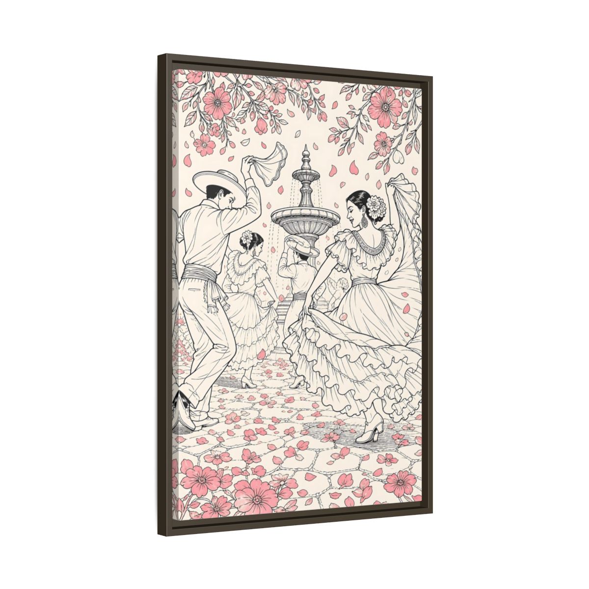 Side Mockup 11. Fairytale Dancers Pink Folk Dance shown as framed canvas print