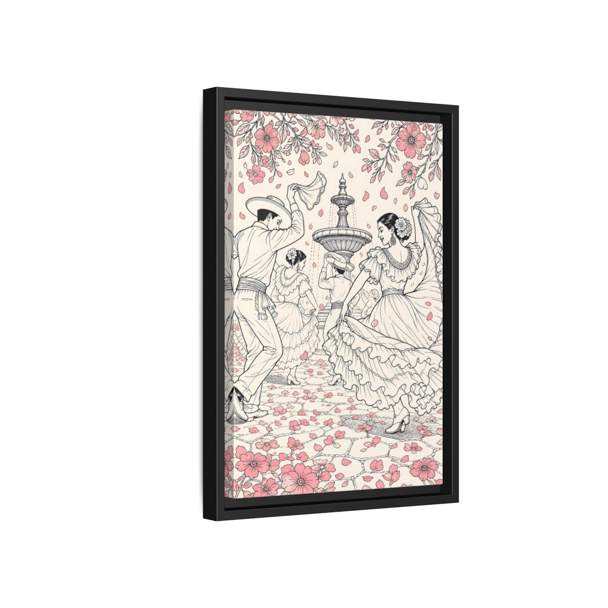 Side Mockup 6. Fairytale Dancers Pink Folk Dance shown as framed canvas print