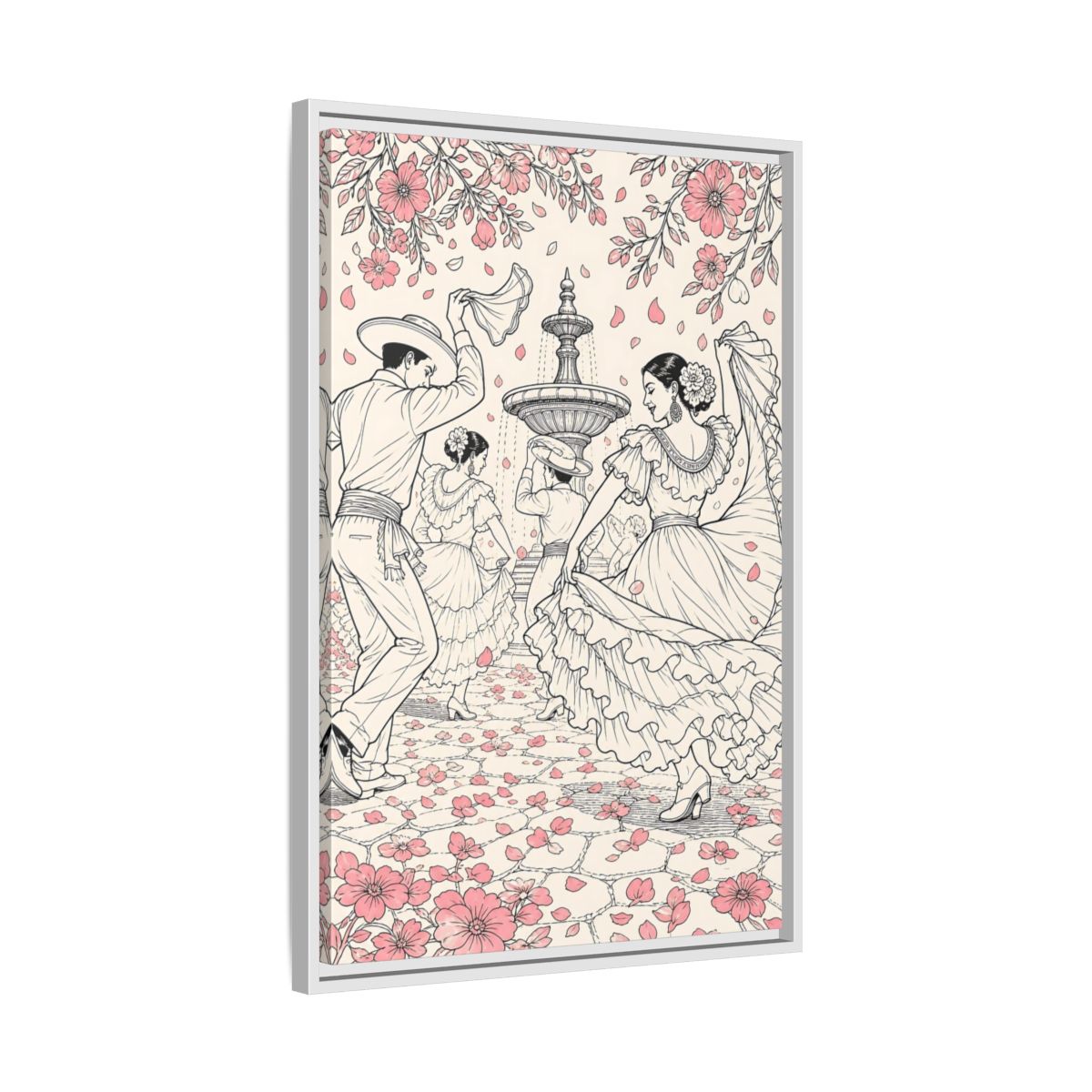 Side Mockup 10. Fairytale Dancers Pink Folk Dance shown as framed canvas print