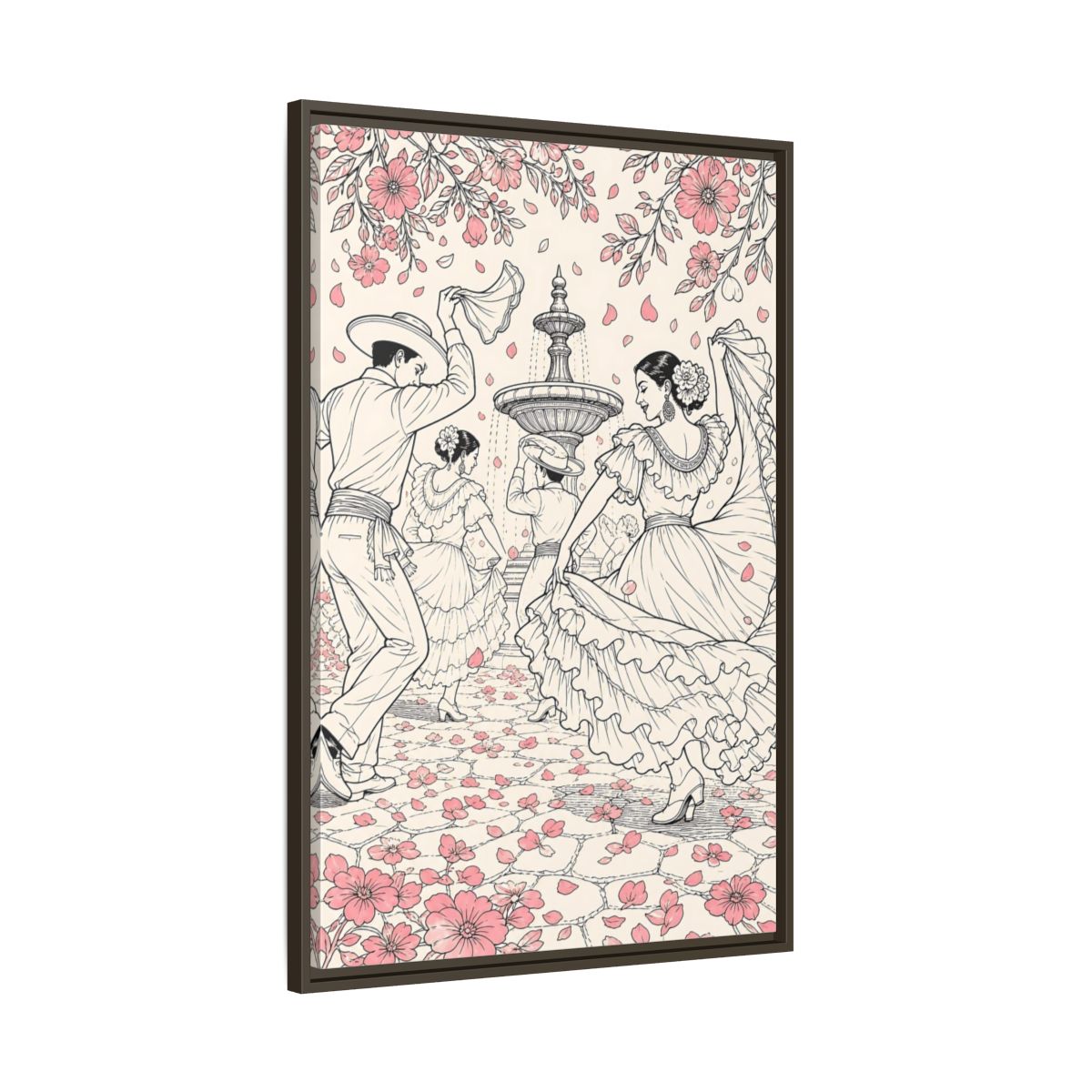 Main Mockup. Fairytale Dancers Pink Folk Dance shown as framed canvas print