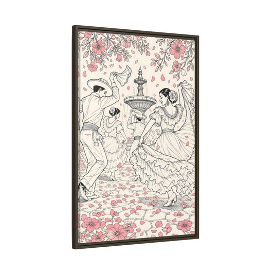 Main Mockup. Fairytale Dancers Pink Folk Dance shown as framed canvas print