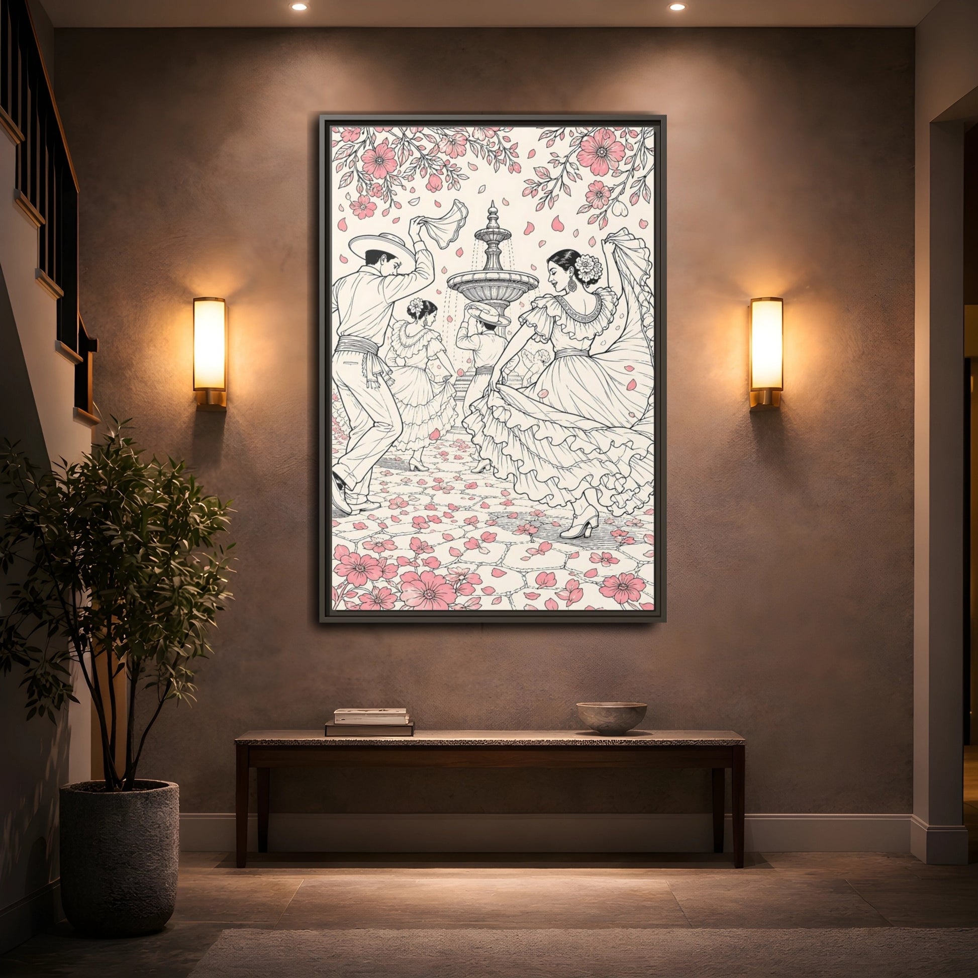 Mockup 2. Fairytale Dancers Pink Folk Dance shown as framed canvas print