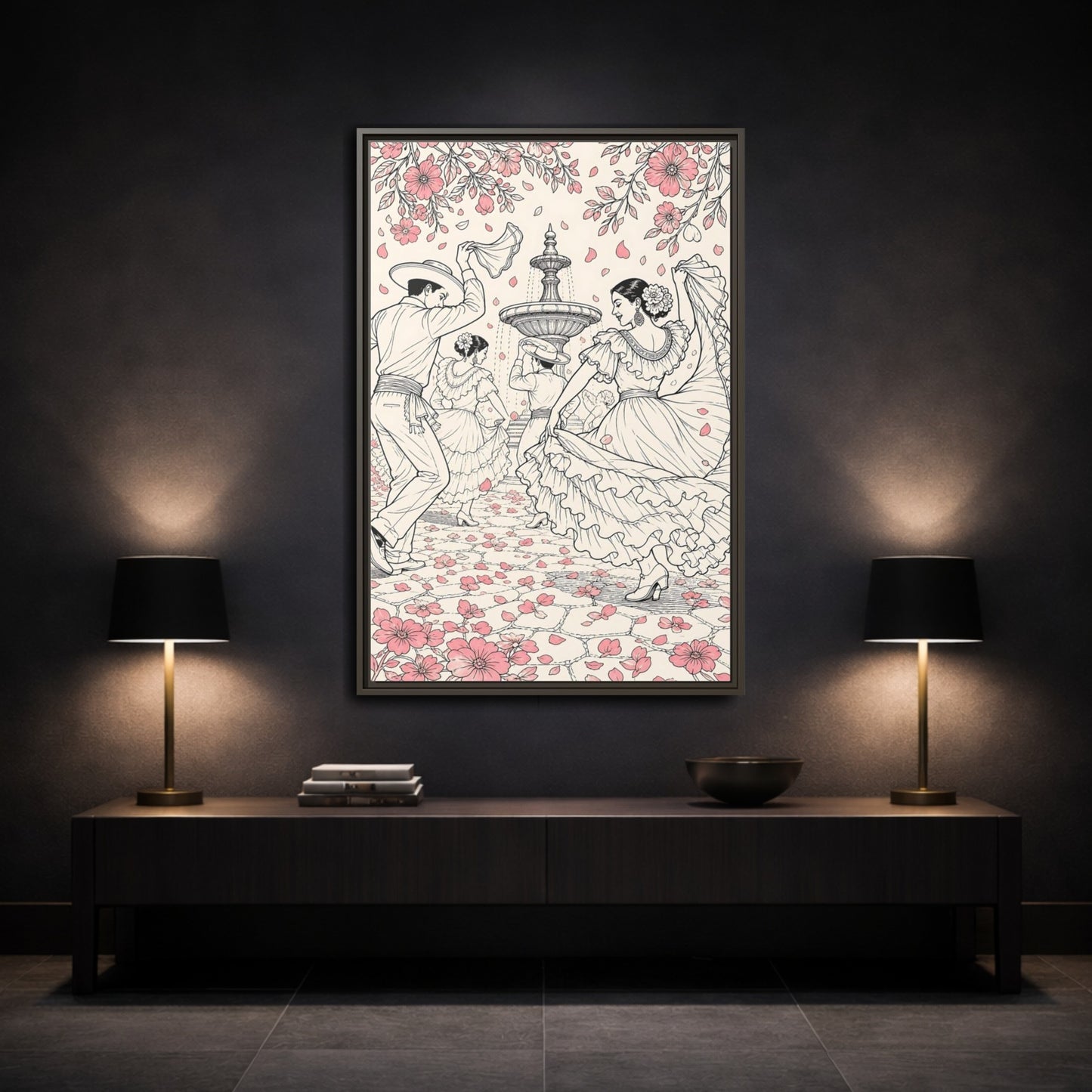 Mockup 3. Fairytale Dancers Pink Folk Dance shown as framed canvas print