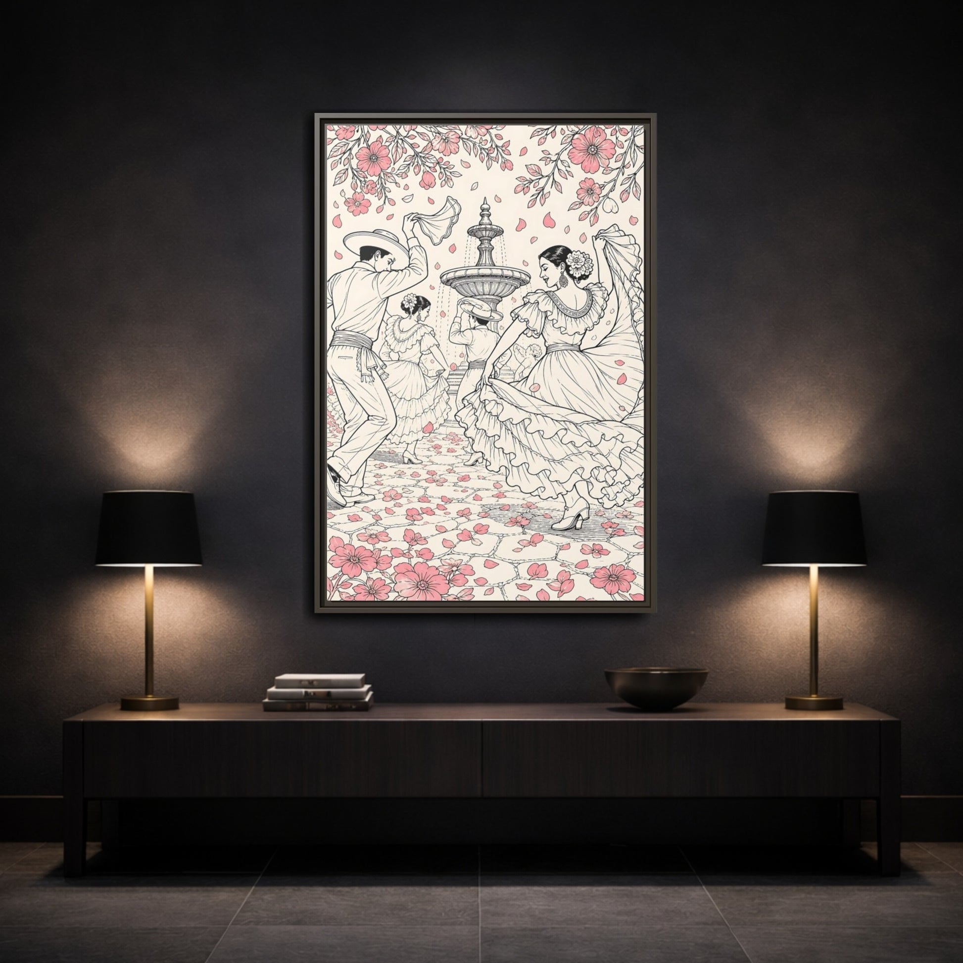 Mockup 3. Fairytale Dancers Pink Folk Dance shown as framed canvas print