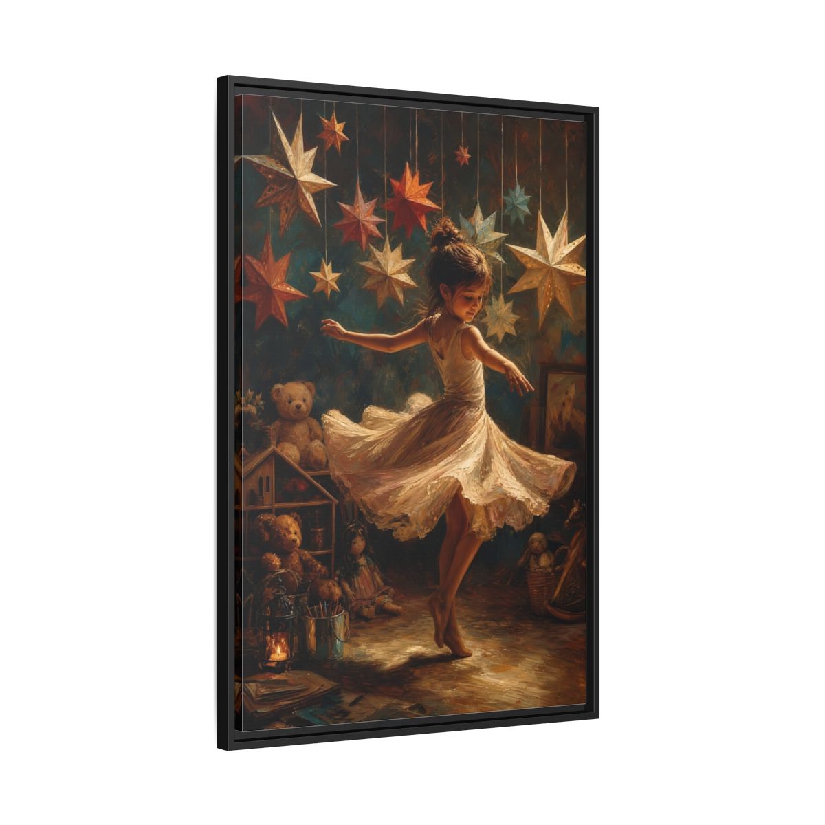 Side Mockup 13. Fairytale Dancing Girl Childhood Stars Art shown as framed canvas print